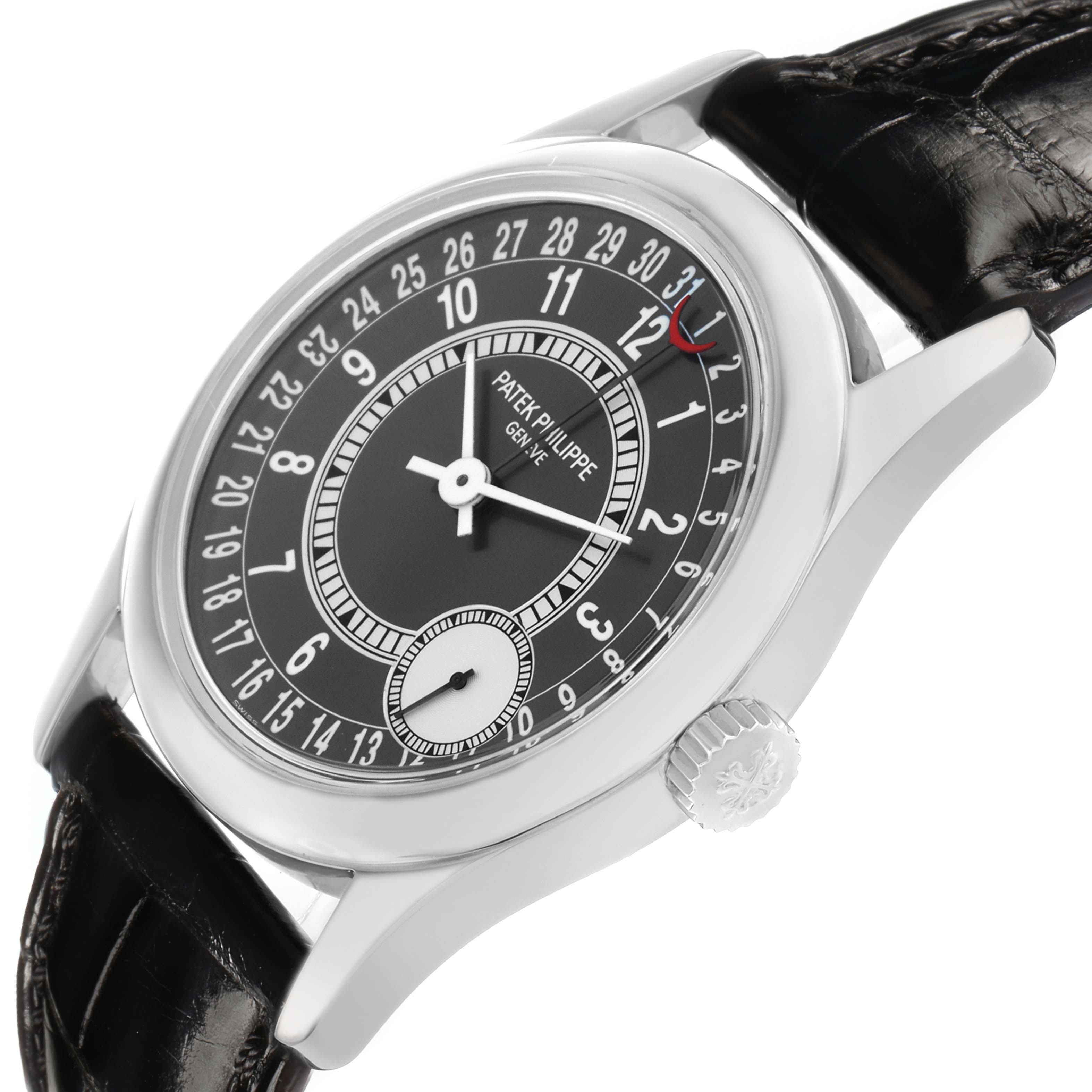 The Patek Philippe Calatrava 6000G-010 Men
s White Gold Black Dial watch is shown at a slight side angle, displaying the dial, case, and part of the strap.