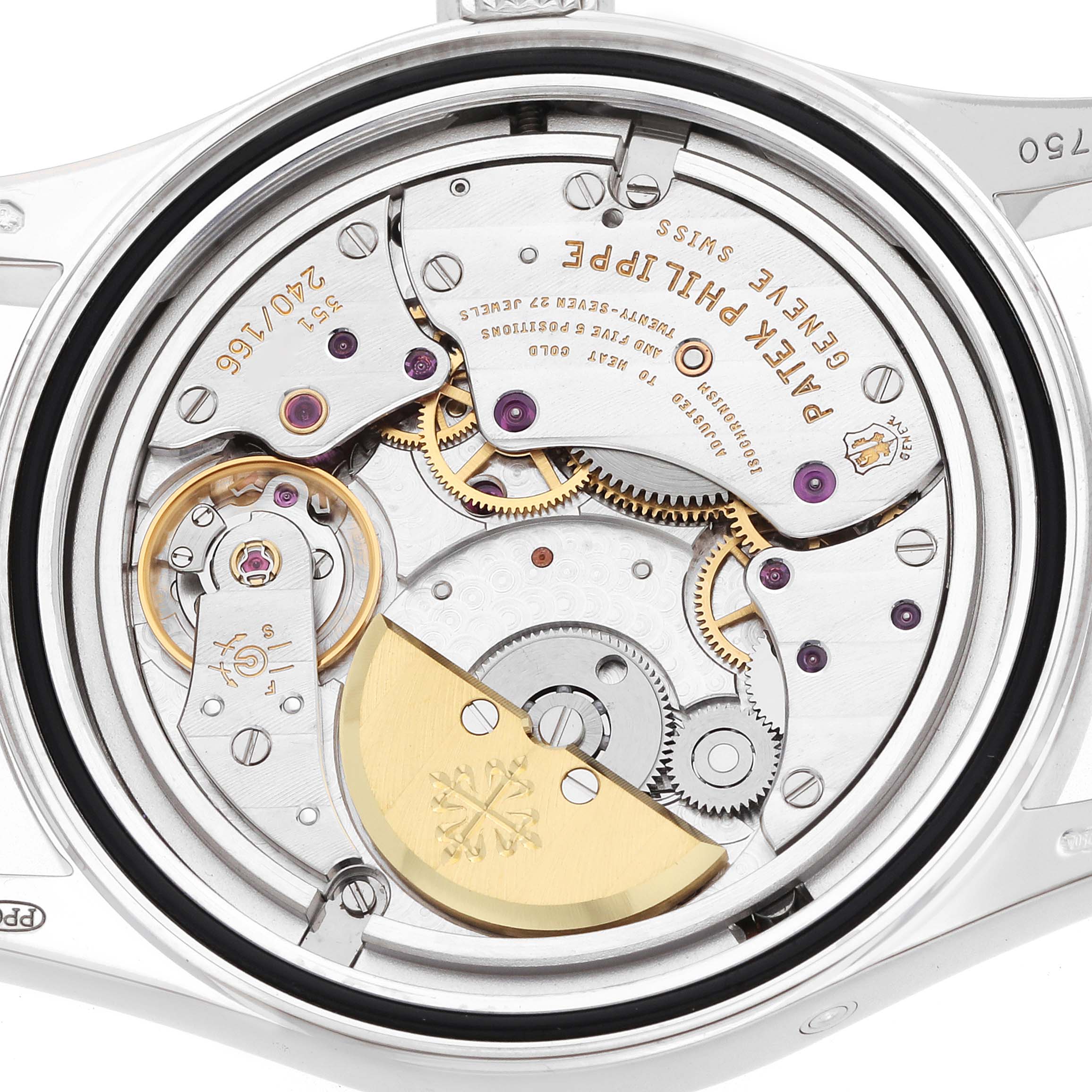 This image shows the back of a Patek Philippe Calatrava 6000G-010 Men
s White Gold Black Dial, revealing its intricate mechanical movement.