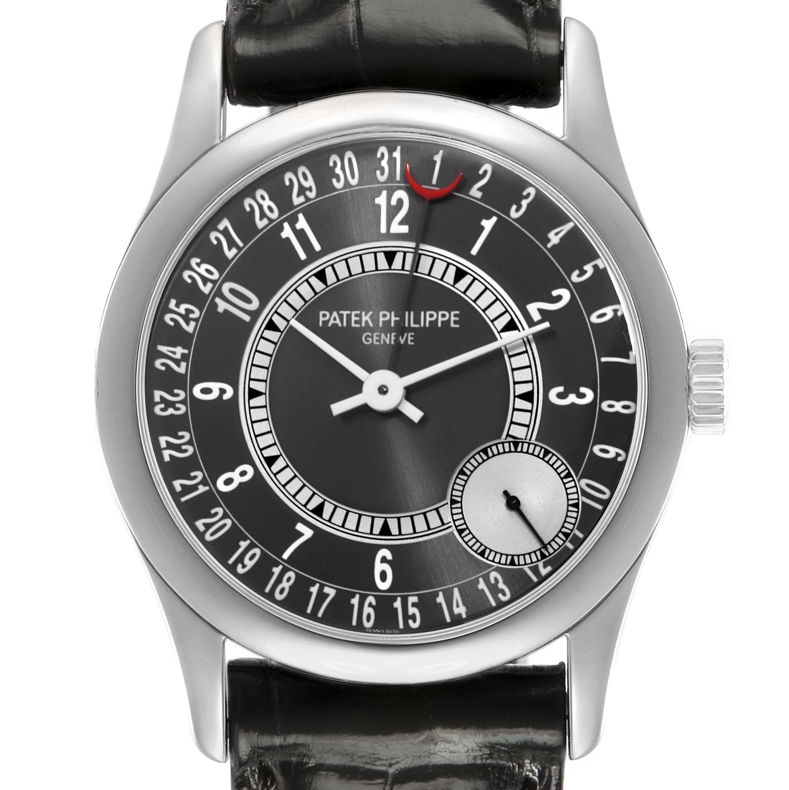 The Patek Philippe Calatrava 6000G-010 Men
s White Gold Black Dial watch is shown from a front angle, displaying the dial and bezel clearly.