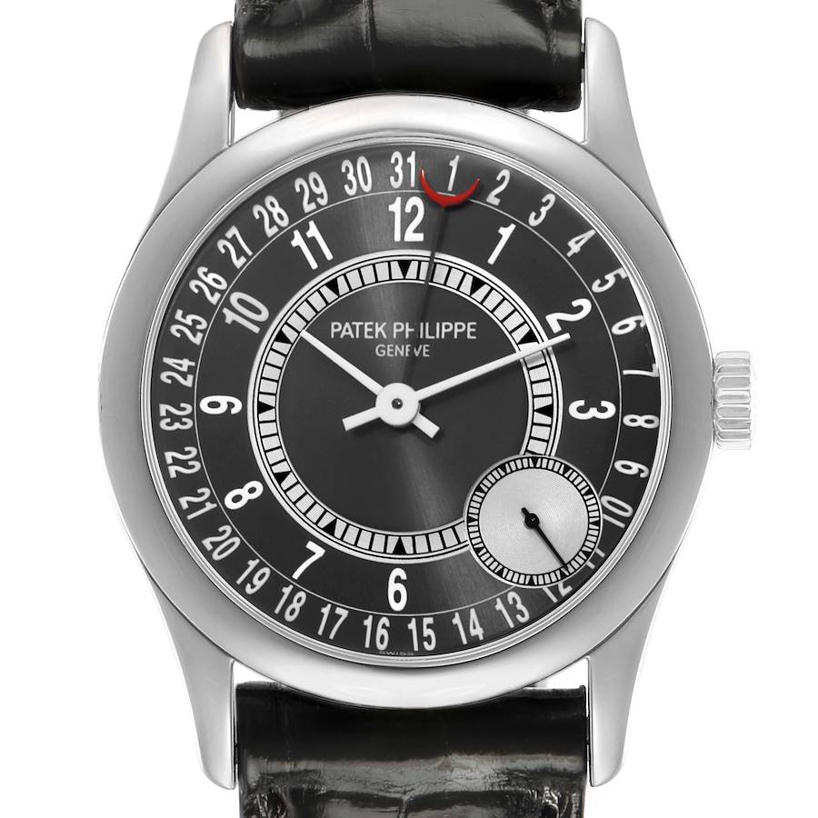 The Patek Philippe Calatrava 6000G-010 Men's White Gold Black Dial watch is shown from a front angle, displaying the dial and bezel clearly.