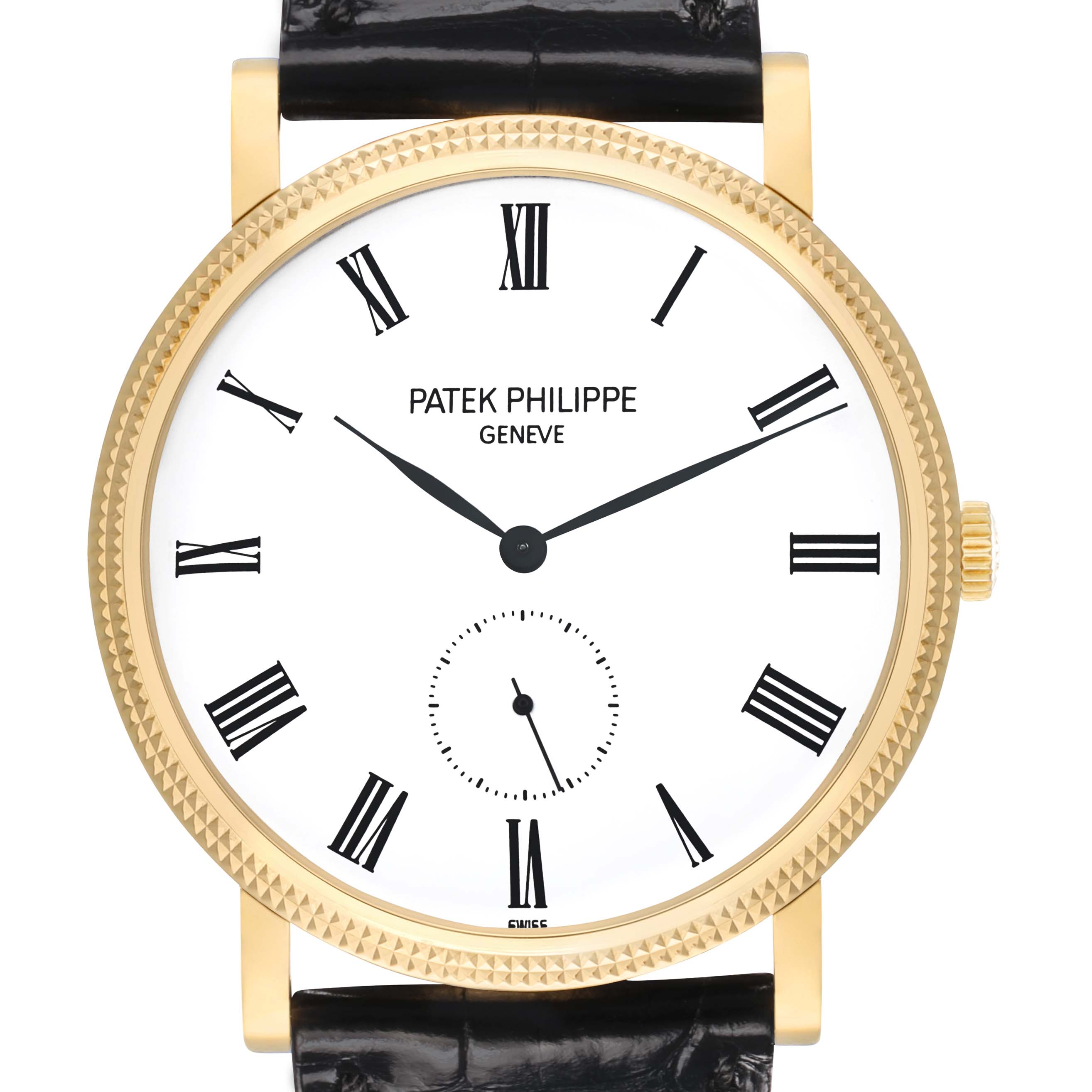 The Patek Philippe Calatrava 5119J-001 Men
s Yellow Gold White Dial watch is shown from a front angle, featuring its bezel, dial, hands, Roman numerals, and black leather strap.