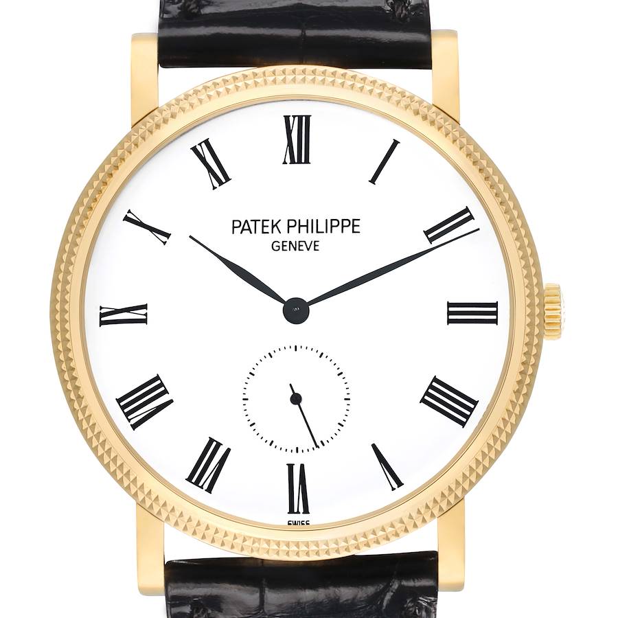 The Patek Philippe Calatrava 5119J-001 Men's Yellow Gold White Dial watch is shown from a front angle, featuring its bezel, dial, hands, Roman numerals, and black leather strap.