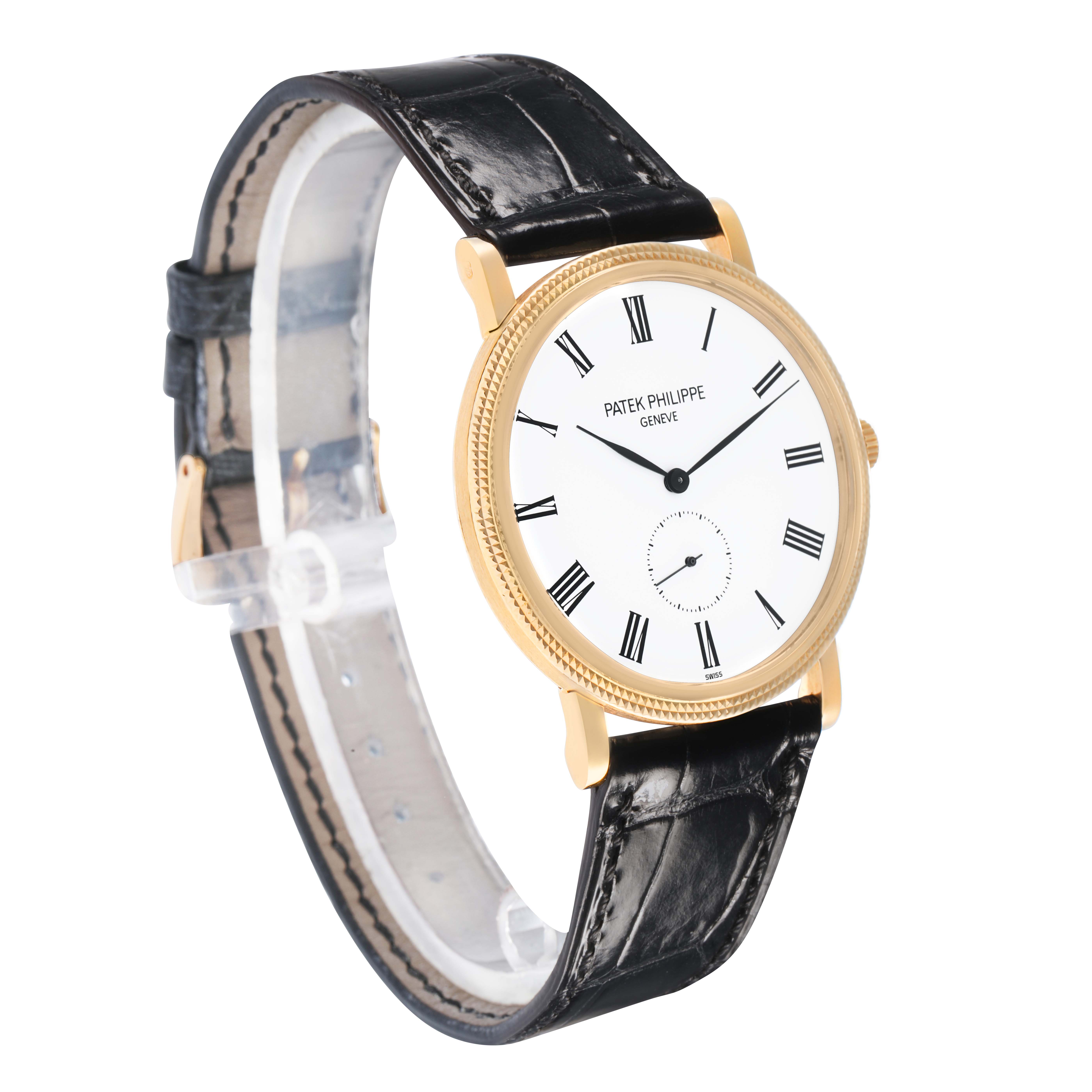 The Patek Philippe Calatrava 5119J-001 Men
s Yellow Gold White Dial watch is shown at a slight angled view, highlighting the face, leather strap, and gold case.