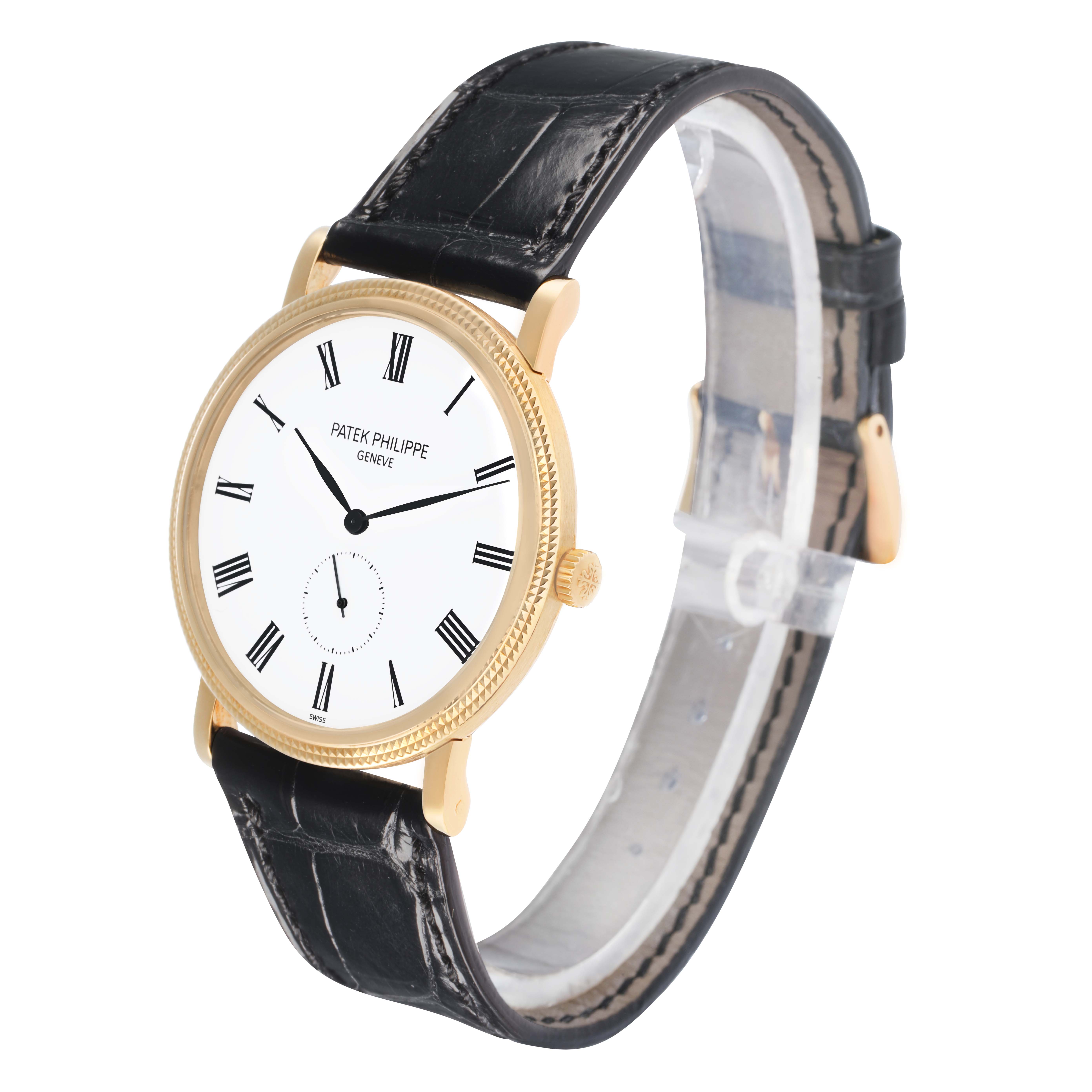 The Patek Philippe Calatrava 5119J-001 Men
s Yellow Gold White Dial watch is shown at a three-quarter angle, highlighting the face, bezel, crown, and strap.