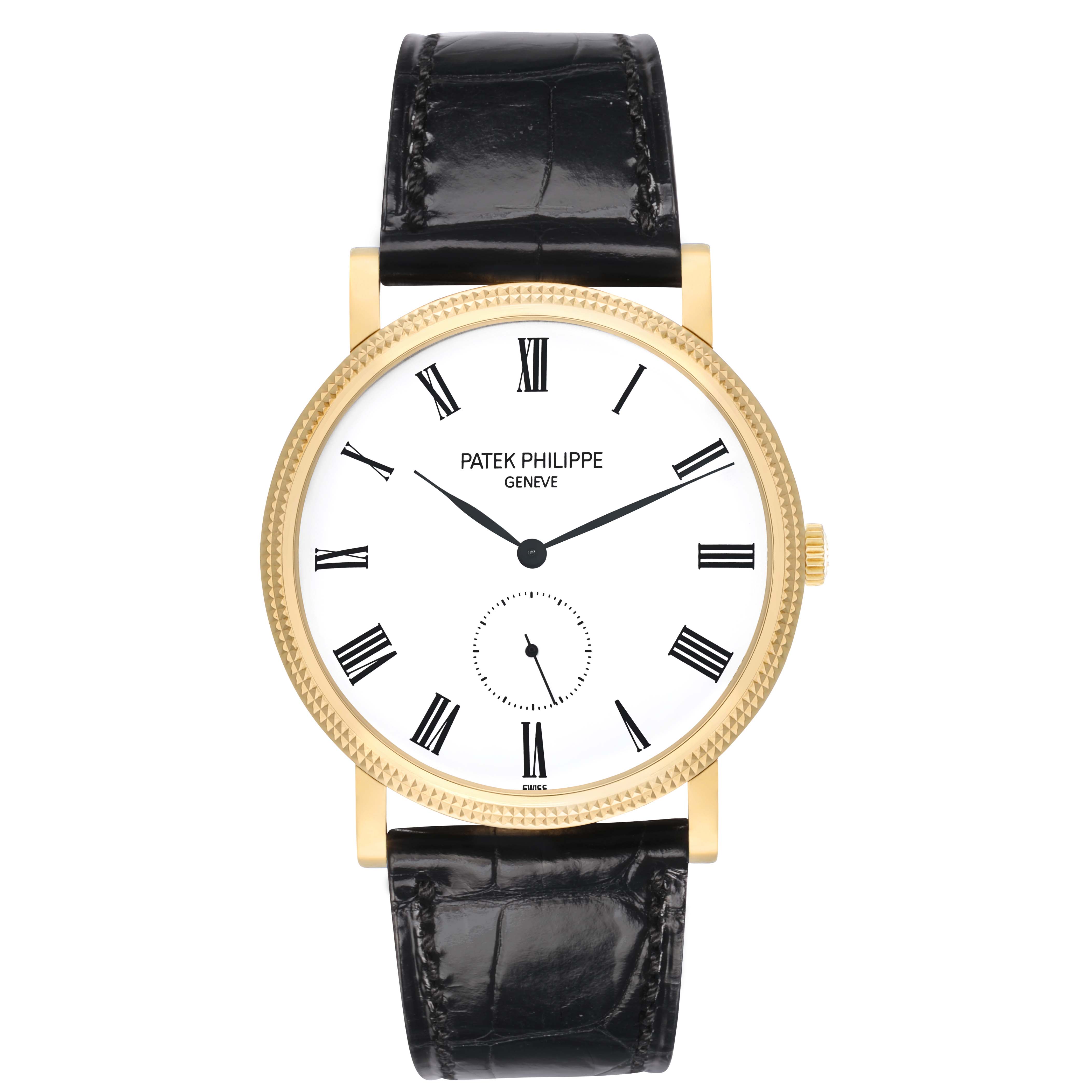 The Patek Philippe Calatrava 5119J-001 Men
s Yellow Gold White Dial watch is shown from a front angle, featuring a gold case, white dial, black Roman numerals, and black leather strap.