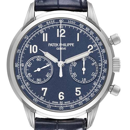 This image shows a front view of the Patek Philippe Complications watch, highlighting its blue dial and chronograph features.