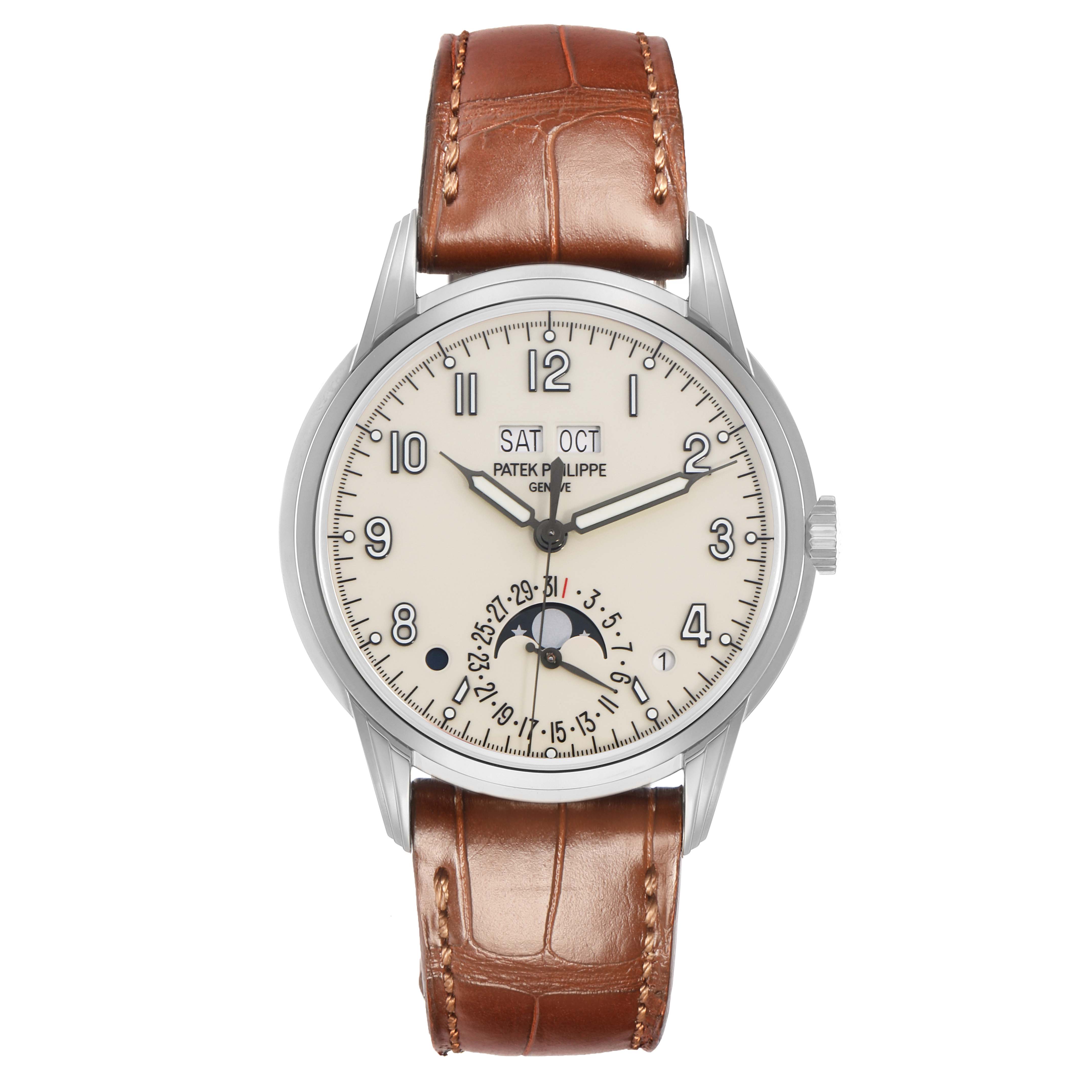 The Patek Philippe Complications 5320G Men
s White Gold Beige Dial watch is shown from the front, highlighting the dial, hands, and brown leather strap.