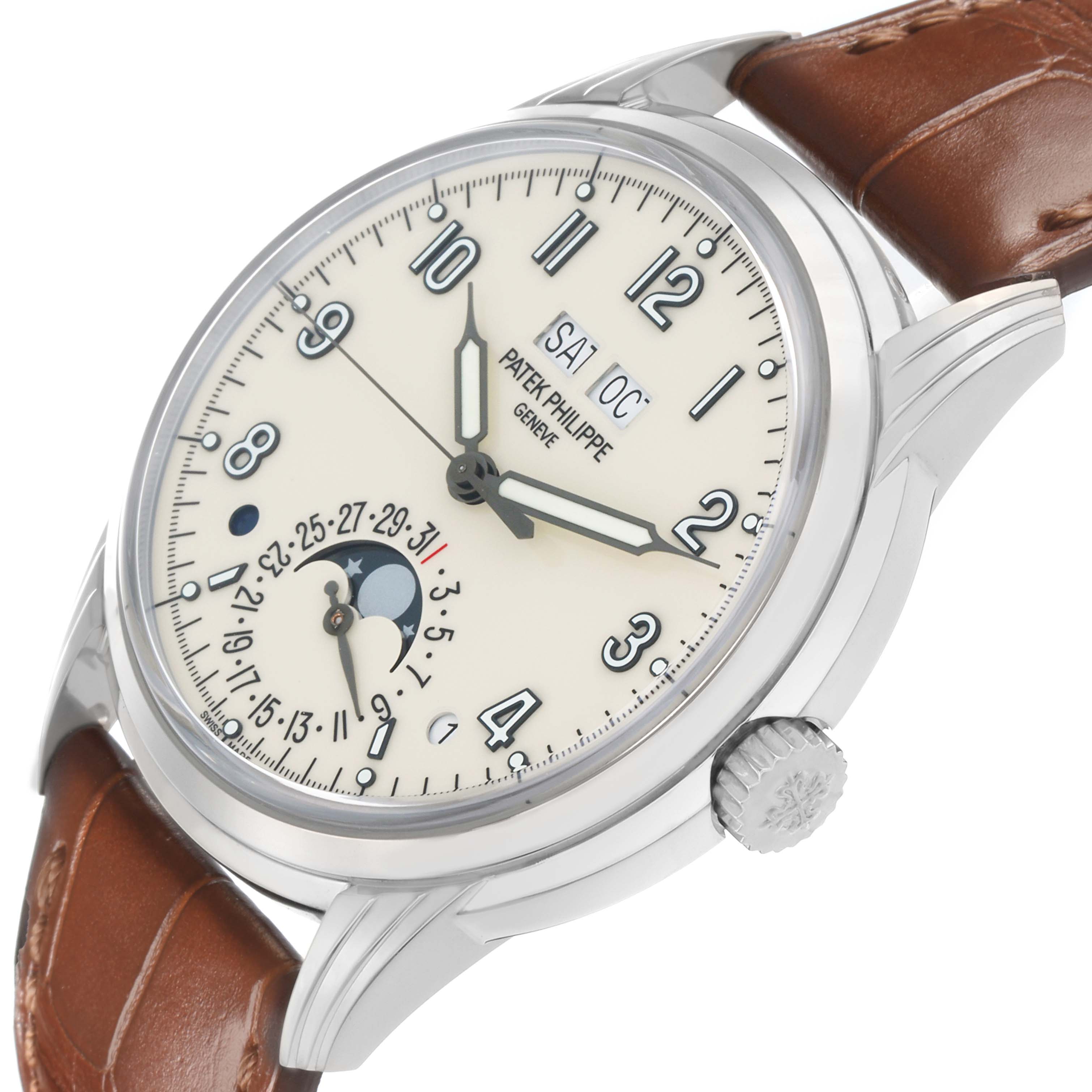 The Patek Philippe Complications 5320G Men
s White Gold Beige Dial watch is shown at a slight angle, highlighting the dial, hands, markers, and leather strap.