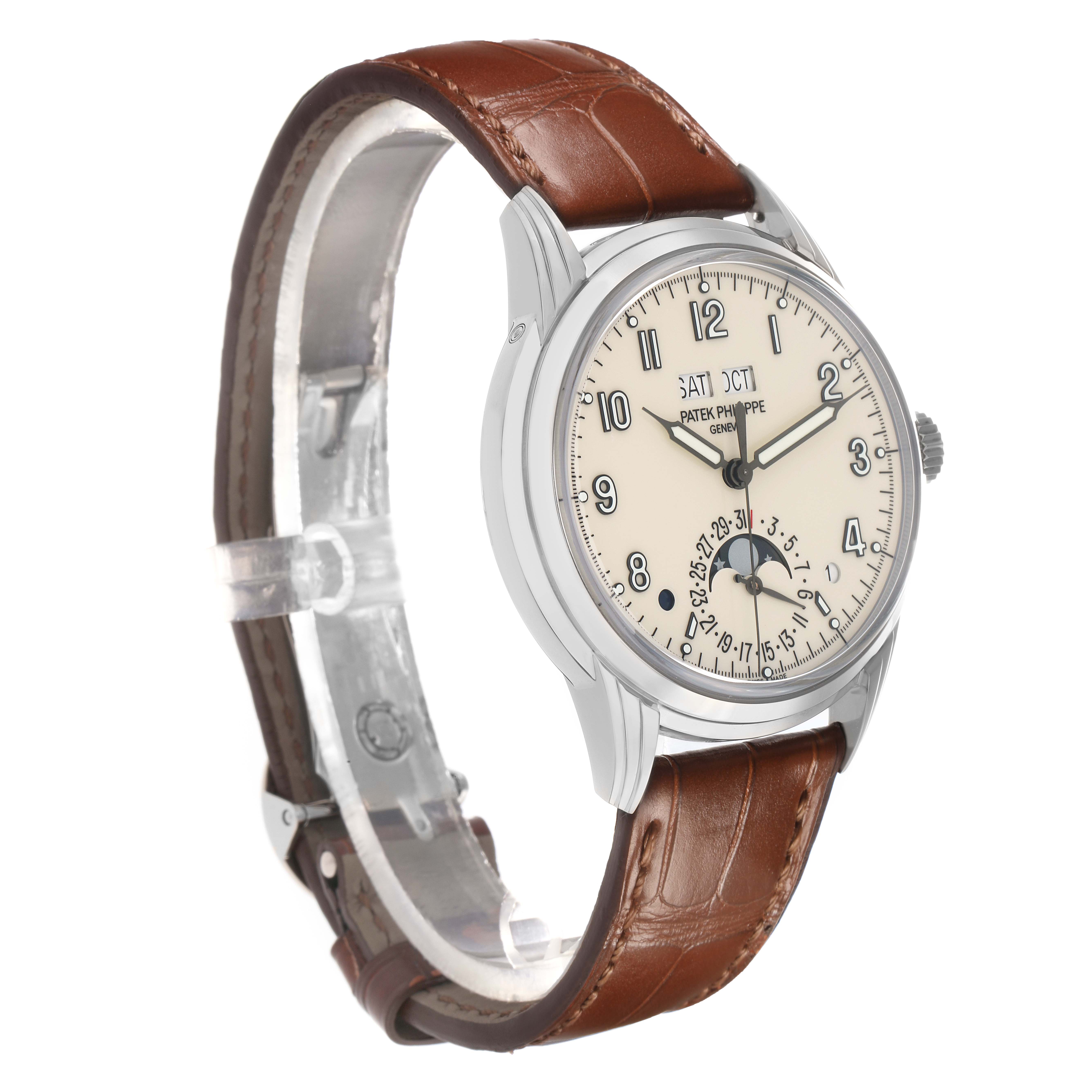 The Patek Philippe Complications 5320G Men
s White Gold Beige Dial watch is shown at a slight angle, highlighting the face, crown, and brown leather strap.