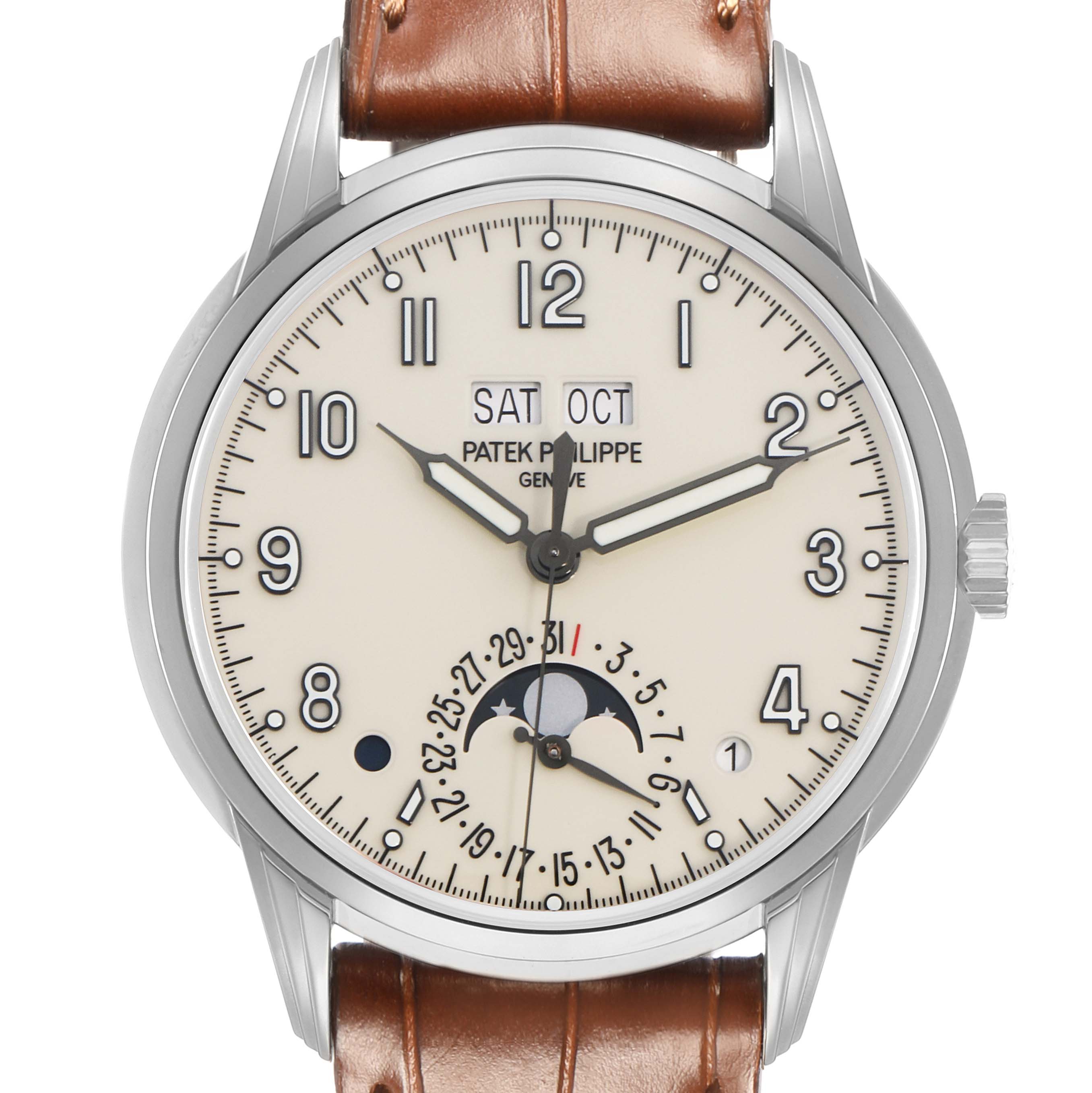 The Patek Philippe Complications 5320G Men
s White Gold Beige Dial watch is shown from the front, highlighting the dial with calendar and moon phase features.