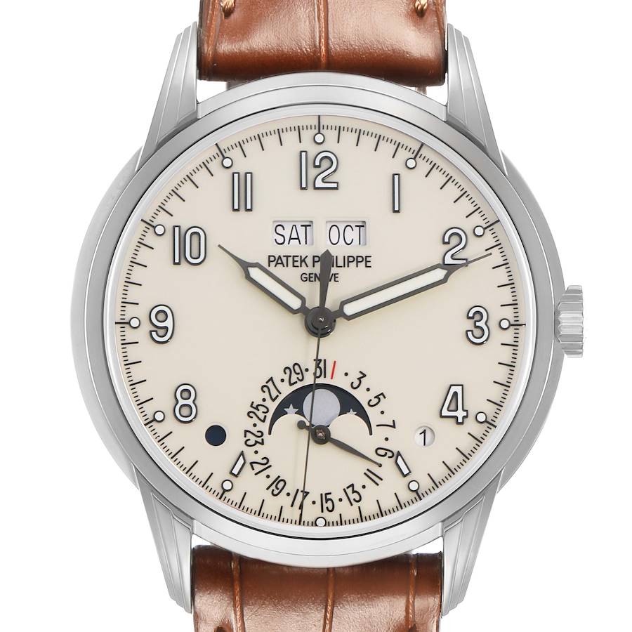 The Patek Philippe Complications 5320G Men's White Gold Beige Dial watch is shown from the front, highlighting the dial with calendar and moon phase features.