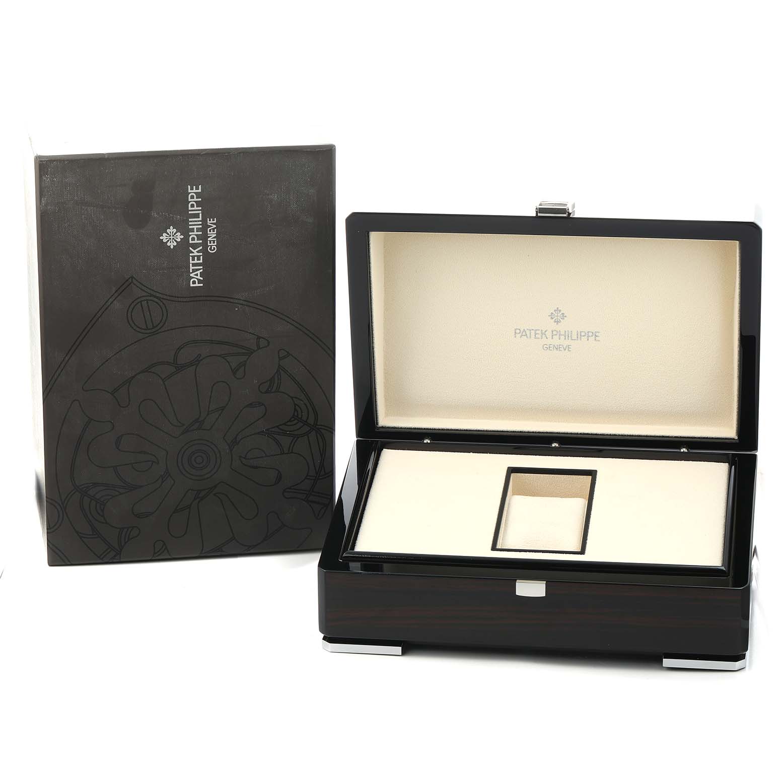 The image shows a Patek Philippe Complications 5320G Men
s White Gold Beige Dial watch box from a front angle, displaying the open lid and interior compartments.