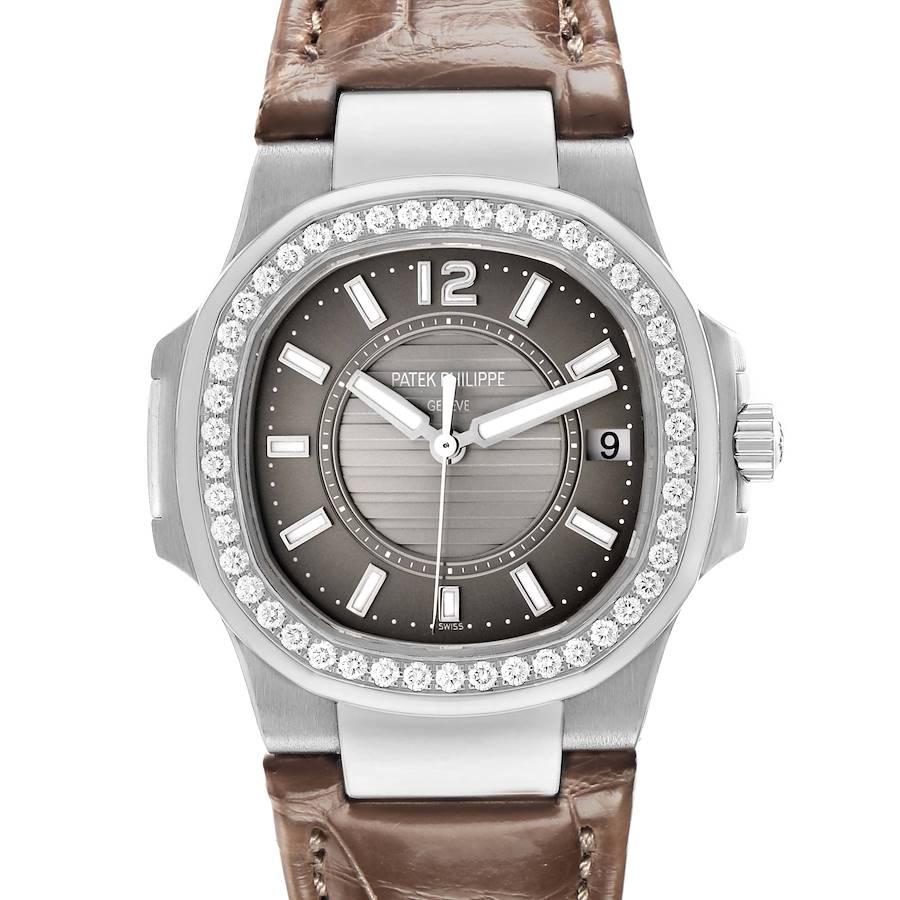 The Patek Philippe Nautilus 7010G-010 Women's White Gold Silver Dial watch is shown from the front, displaying its diamond bezel, dial, hands, and crown.