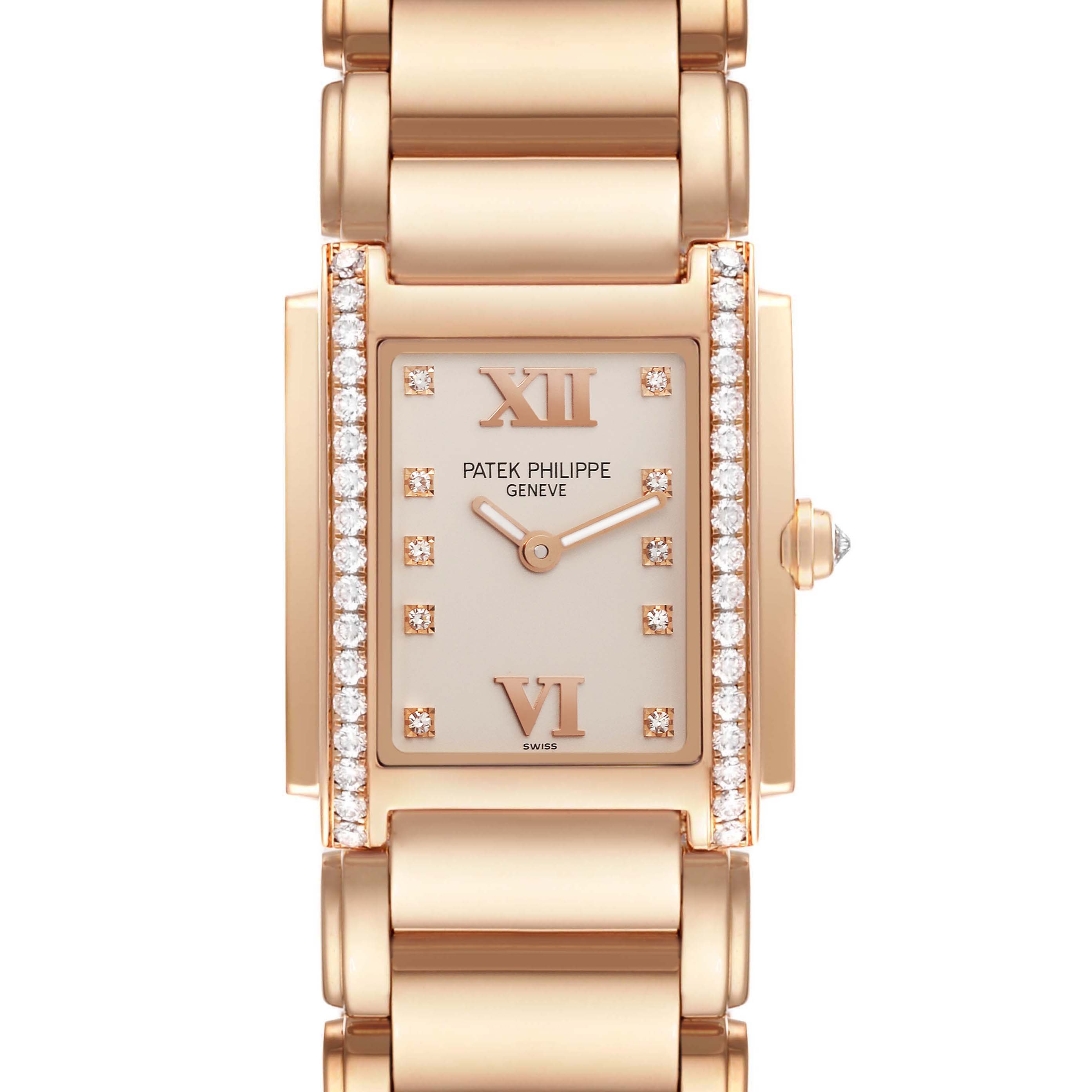 This image shows a front view of the Patek Philippe Twenty-4 4910/11R-011 Women's Rose Gold Silver Dial 4910/11R-011 Women's Rose Gold Silver Dial watch, highlighting its face, bezel with diamonds, and part of the bracelet.
