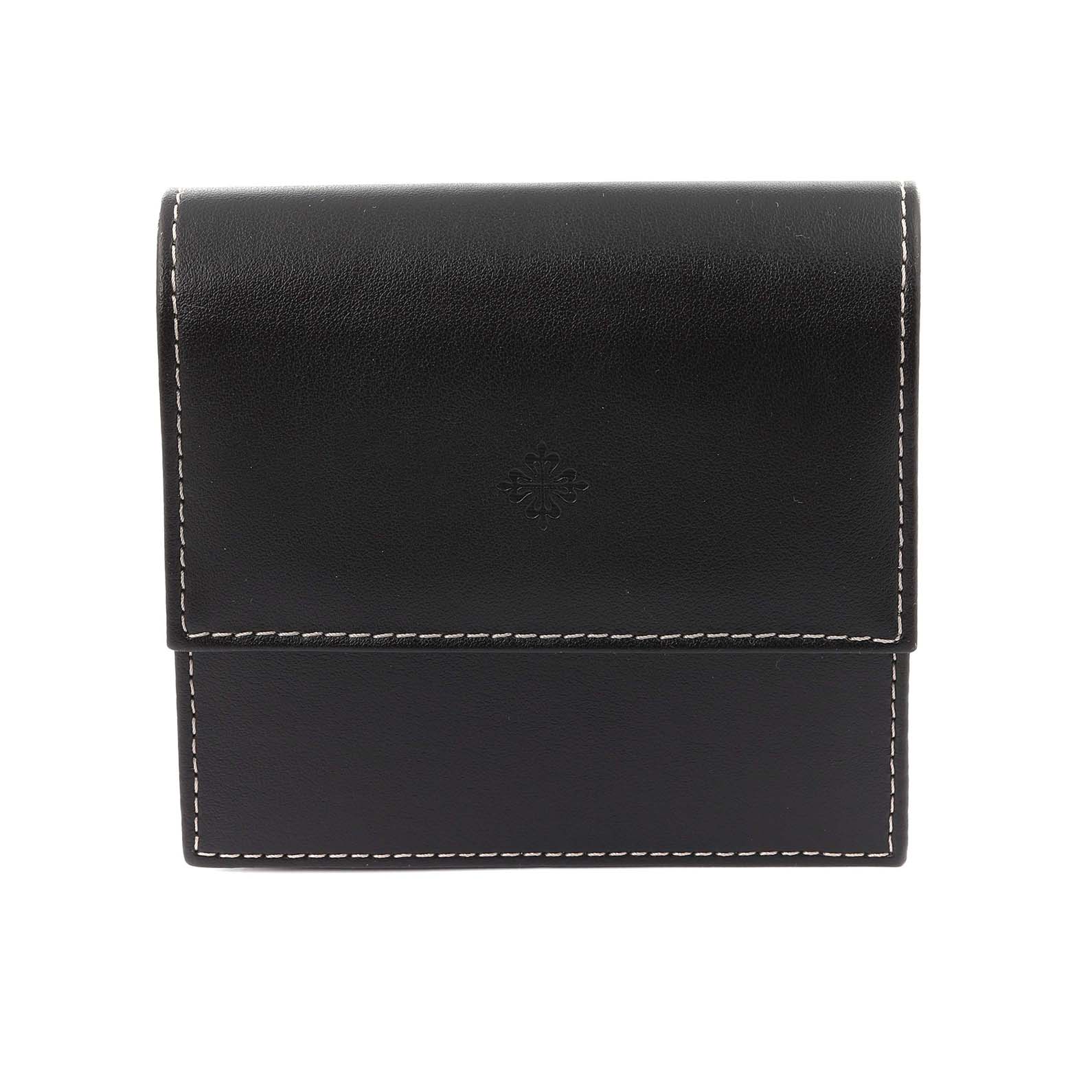 This is a front view of a black leather case for the Twenty-4 model by Patek Philippe.