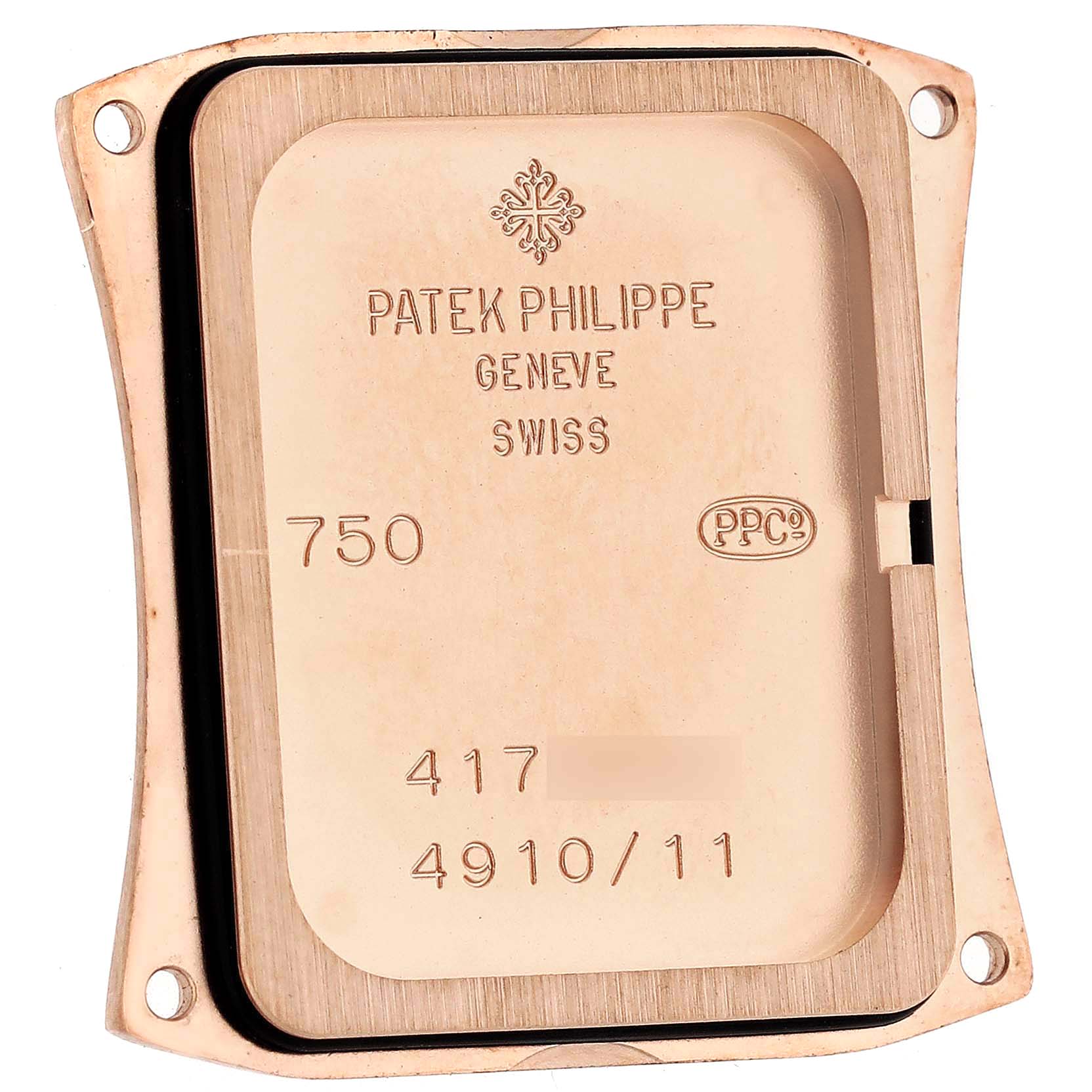 This image shows the back casing of a Patek Philippe Twenty-4 4910/11R-011 Women's Rose Gold Silver Dial 4910/11R-011 Women's Rose Gold Silver Dial model watch, featuring the brand name and specific model details.