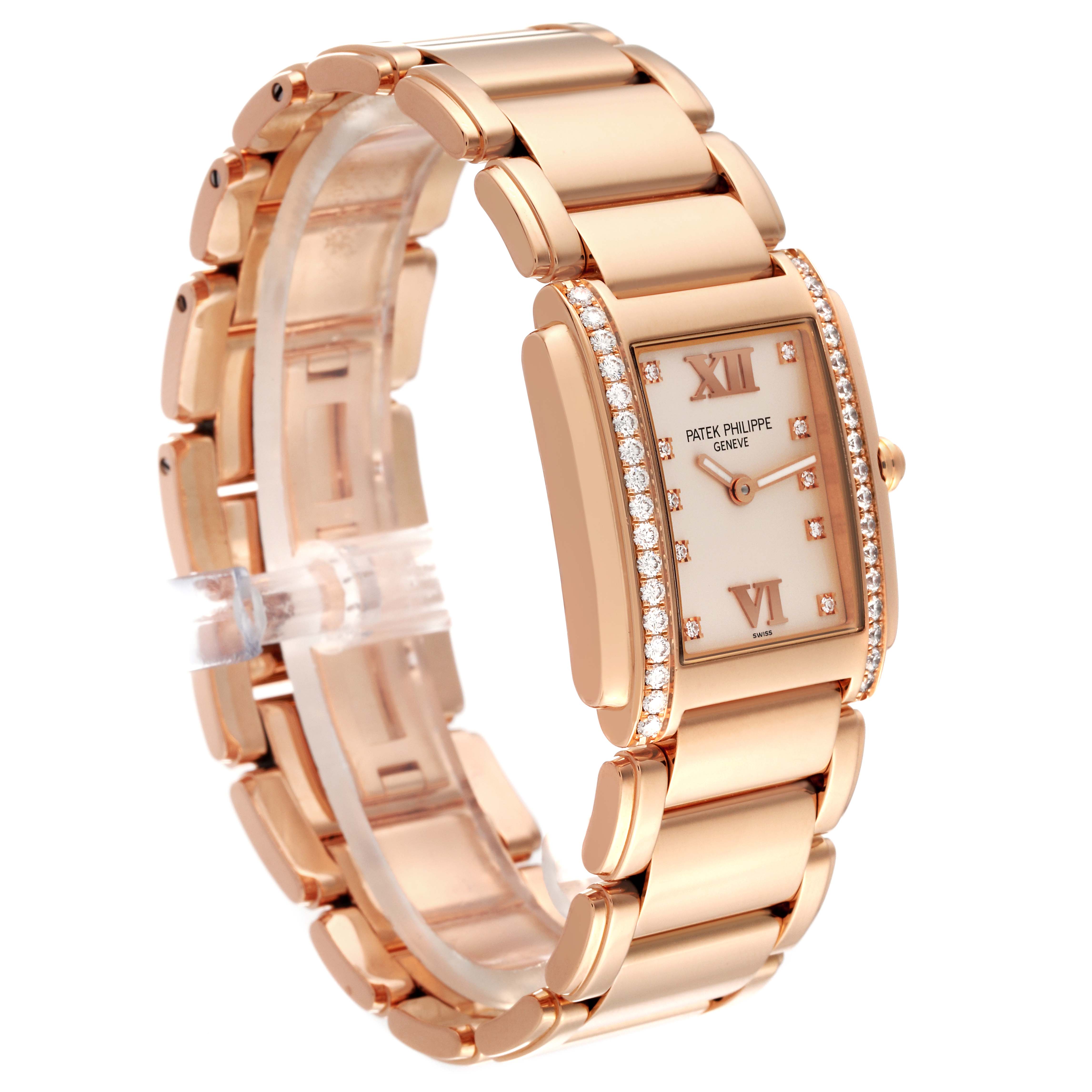 The image shows a Patek Philippe Twenty-4 4910/11R-011 Women's Rose Gold Silver Dial 4910/11R-011 Women's Rose Gold Silver Dial watch from an angled side view, highlighting its bracelet, dial, and diamond details.