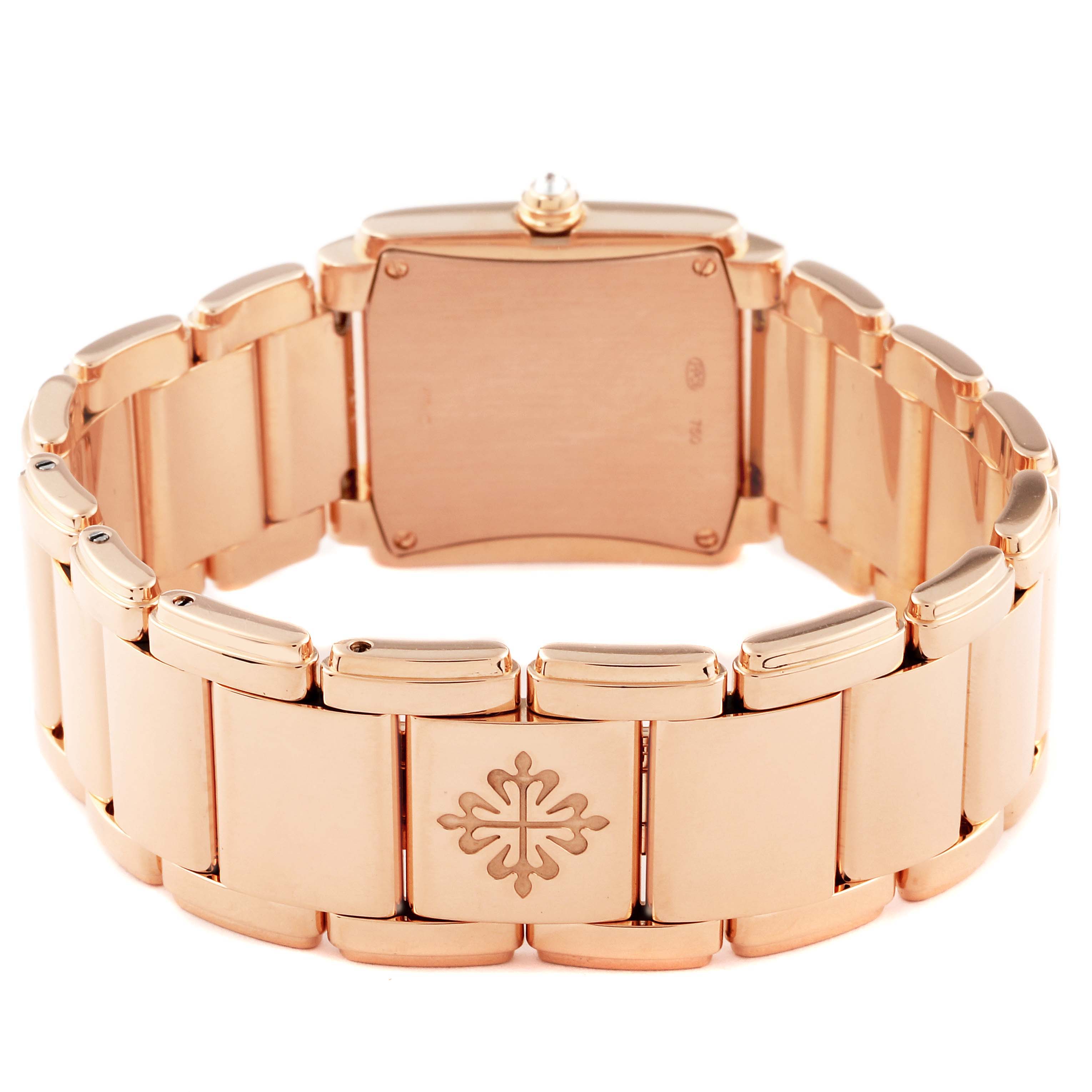 The image shows the back and bracelet of the Patek Philippe Twenty-4 4910/11R-011 Women's Rose Gold Silver Dial 4910/11R-011 Women's Rose Gold Silver Dial watch, highlighting the case back and clasp.