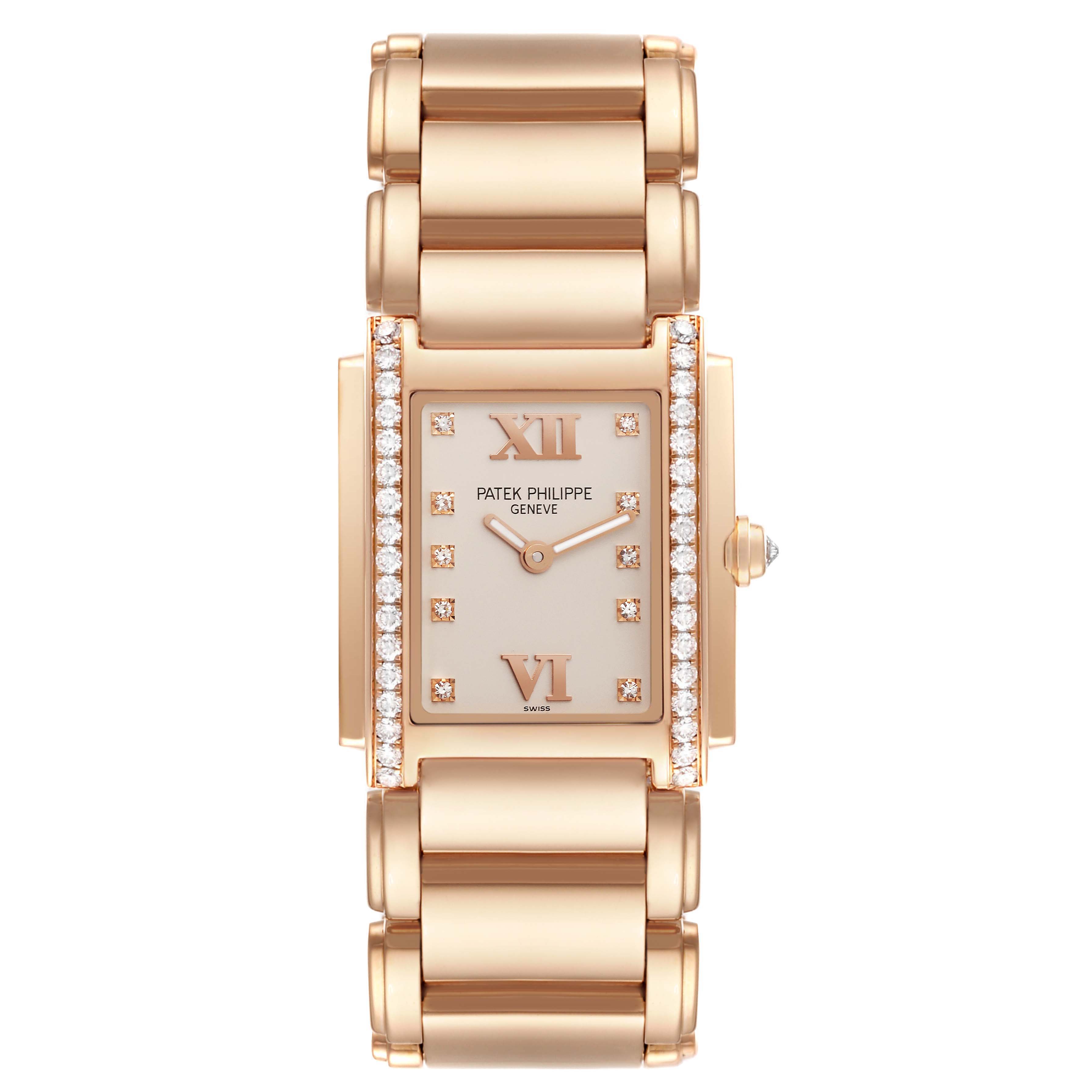 This is a frontal view of a Patek Philippe Twenty-4 4910/11R-011 Women's Rose Gold Silver Dial 4910/11R-011 Women's Rose Gold Silver Dial watch, showcasing its dial, bracelet, and diamond accents.