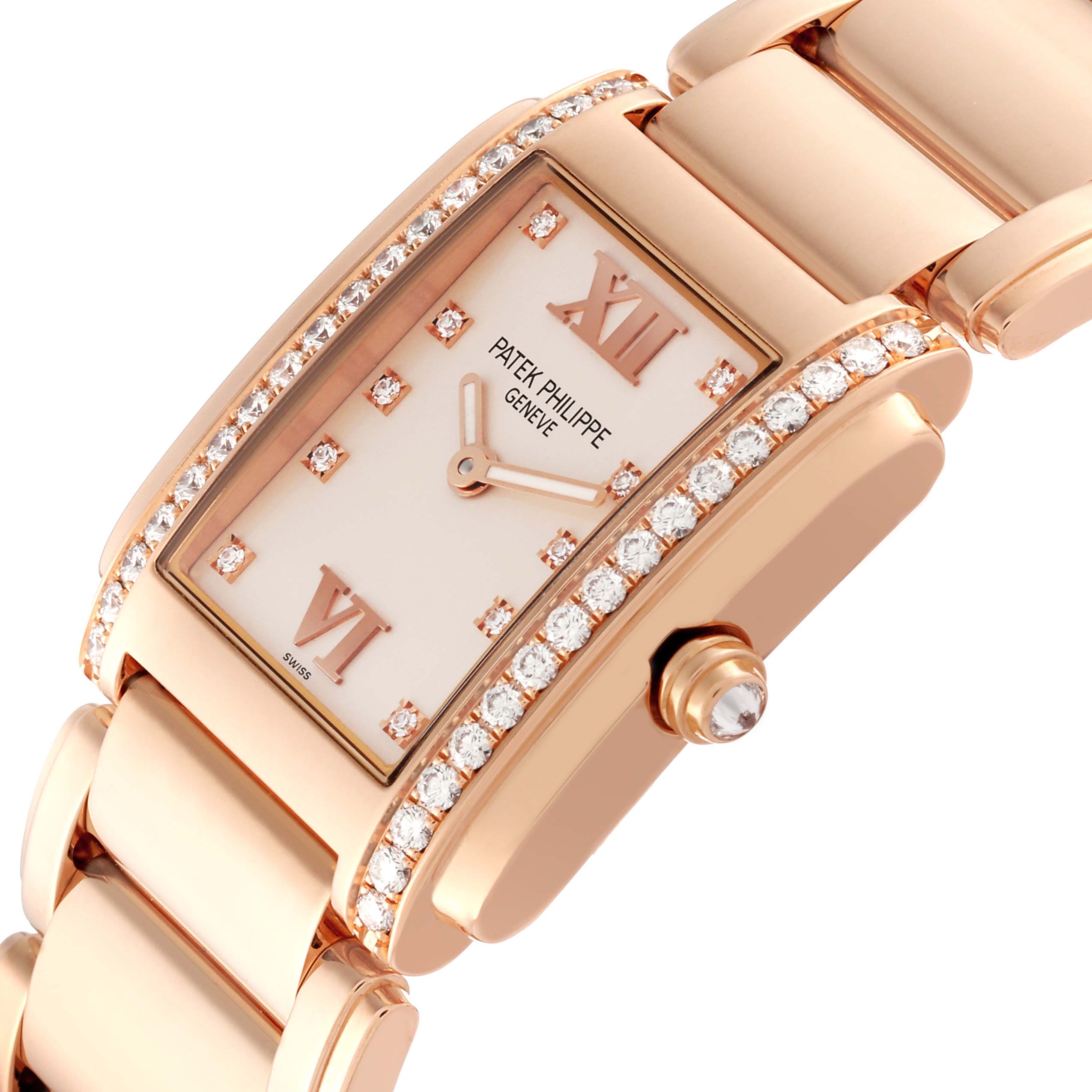 This image shows a close-up angle of the face and part of the bracelet of the Patek Philippe Twenty-4 4910/11R-011 Women's Rose Gold Silver Dial 4910/11R-011 Women's Rose Gold Silver Dial watch.