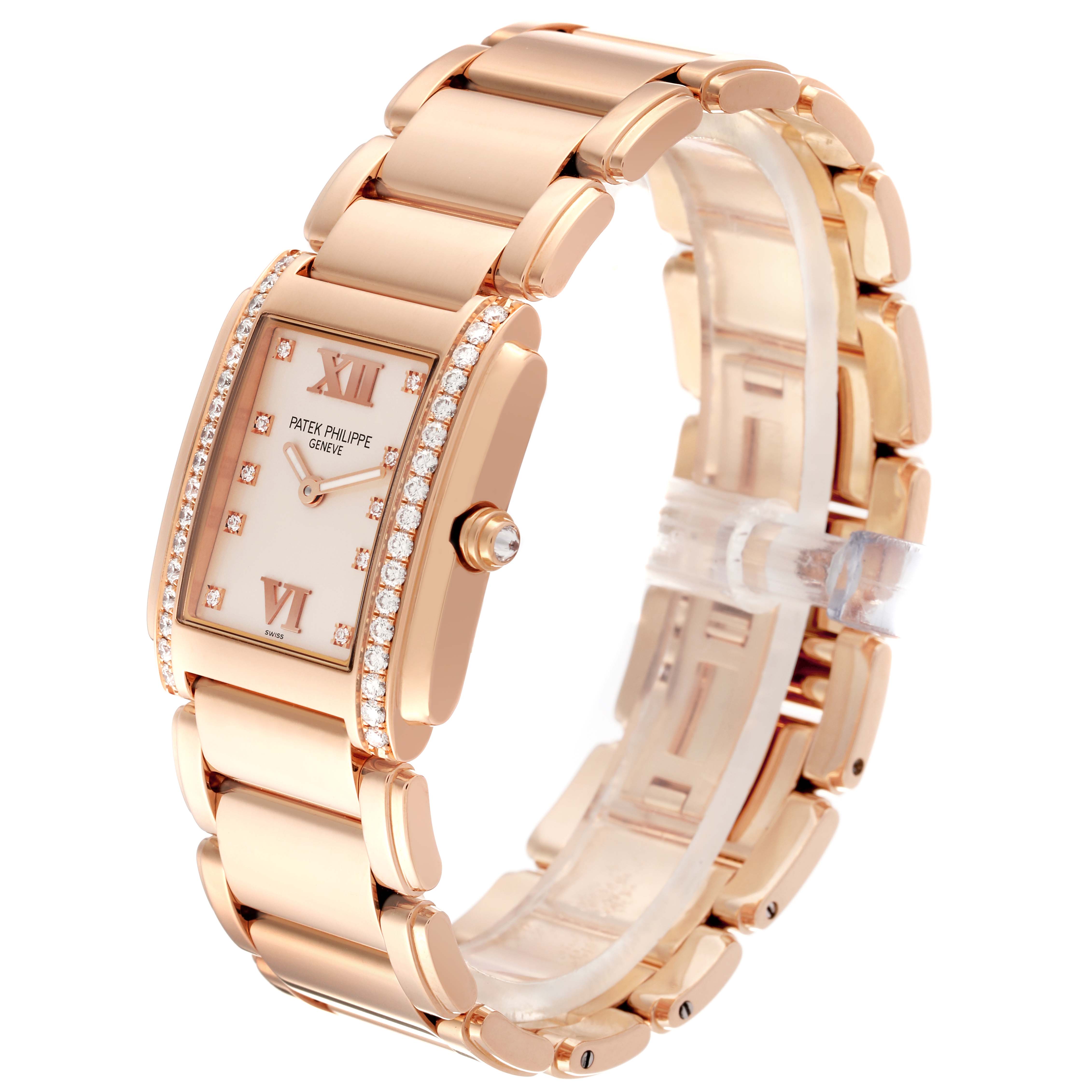 The image shows a side-angle view of a Patek Philippe Twenty-4 4910/11R-011 Women's Rose Gold Silver Dial 4910/11R-011 Women's Rose Gold Silver Dial watch, highlighting its dial, case, and bracelet.