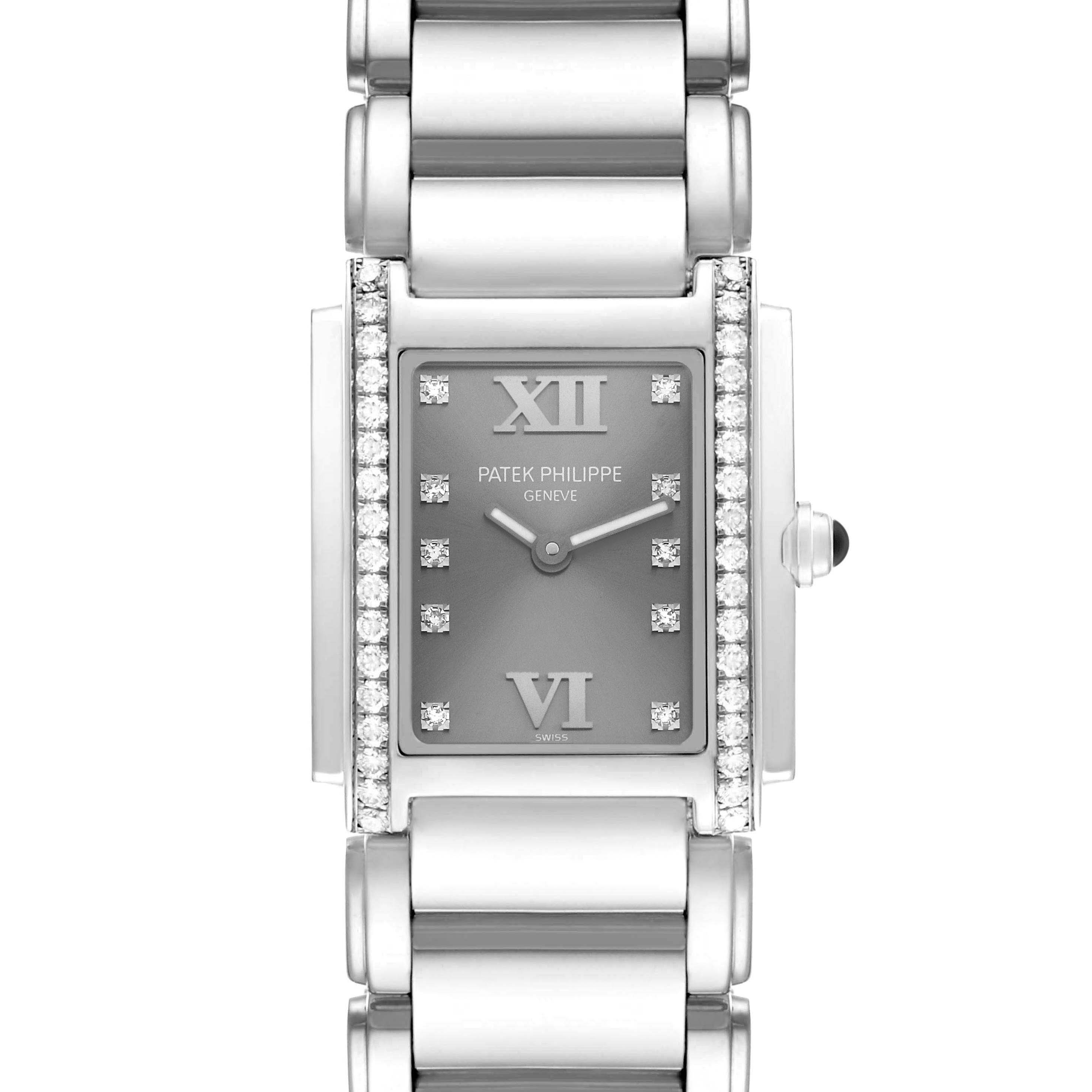 The image shows a front view of the Patek Philippe Twenty-4 4910/10A-010 Women
s Stainless Steel Silver Dial watch, highlighting the rectangular face, bracelet, and diamond accents.