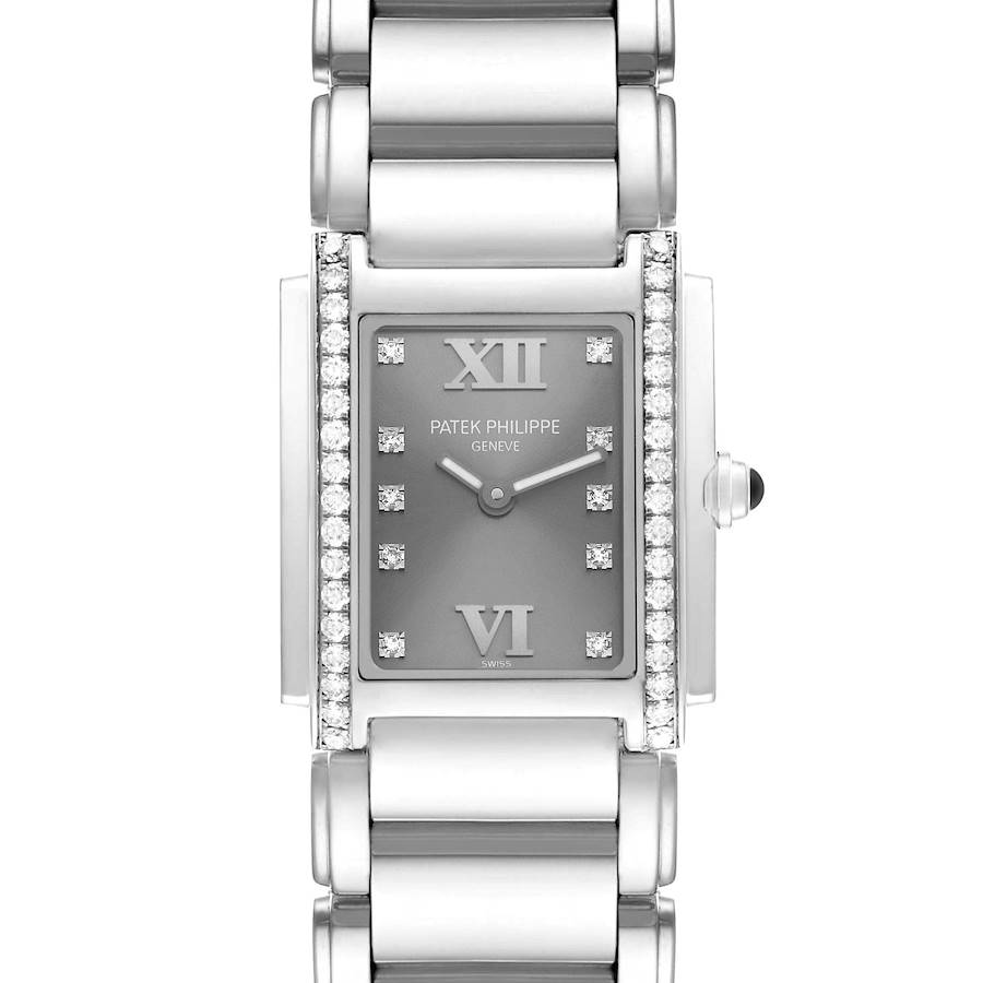 The image shows a front view of the Patek Philippe Twenty-4 4910/10A-010 Women's Stainless Steel Silver Dial watch, highlighting the rectangular face, bracelet, and diamond accents.