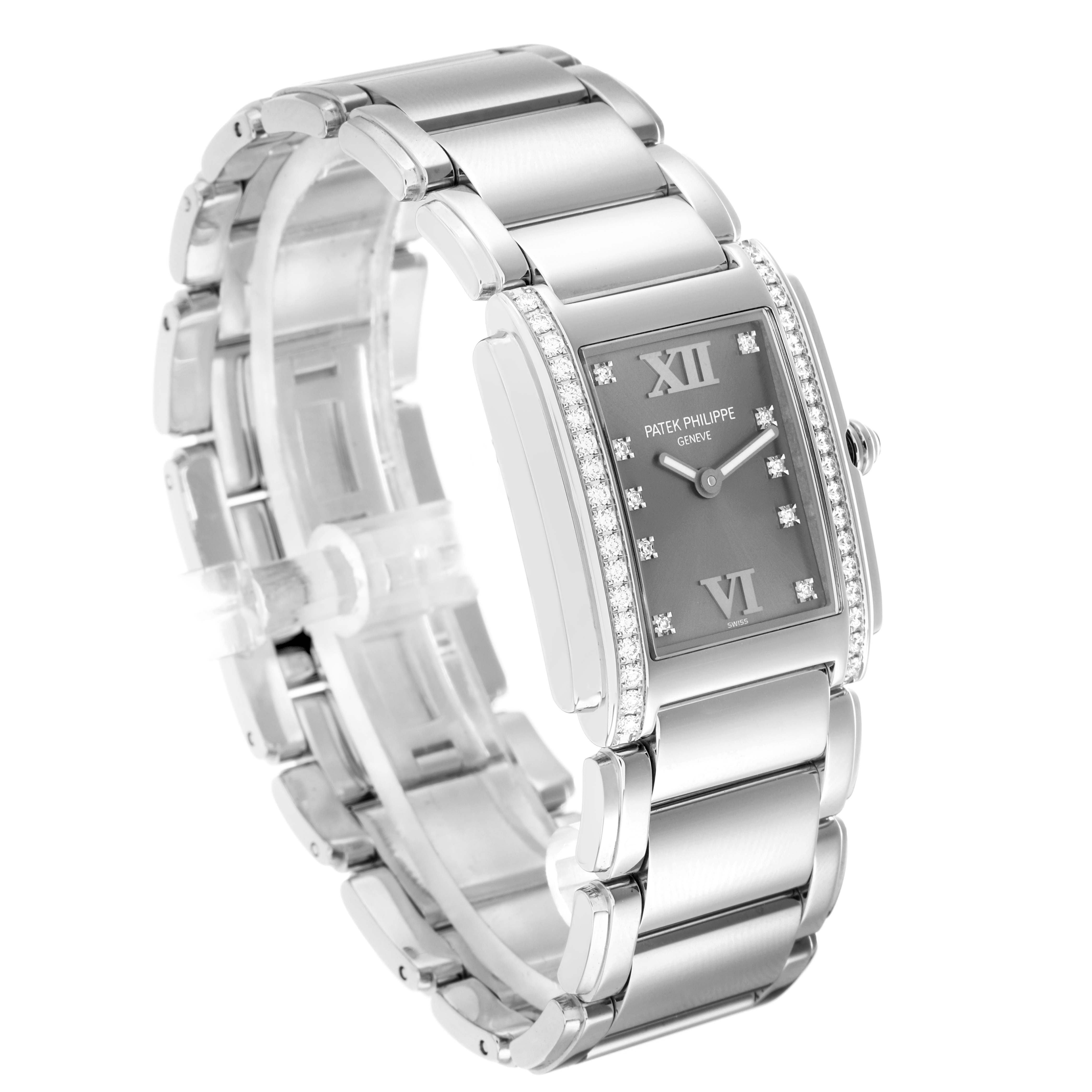 The Patek Philippe Twenty-4 4910/10A-010 Women
s Stainless Steel Silver Dial watch is shown at a three-quarter angle, highlighting its face, bracelet, and side details.