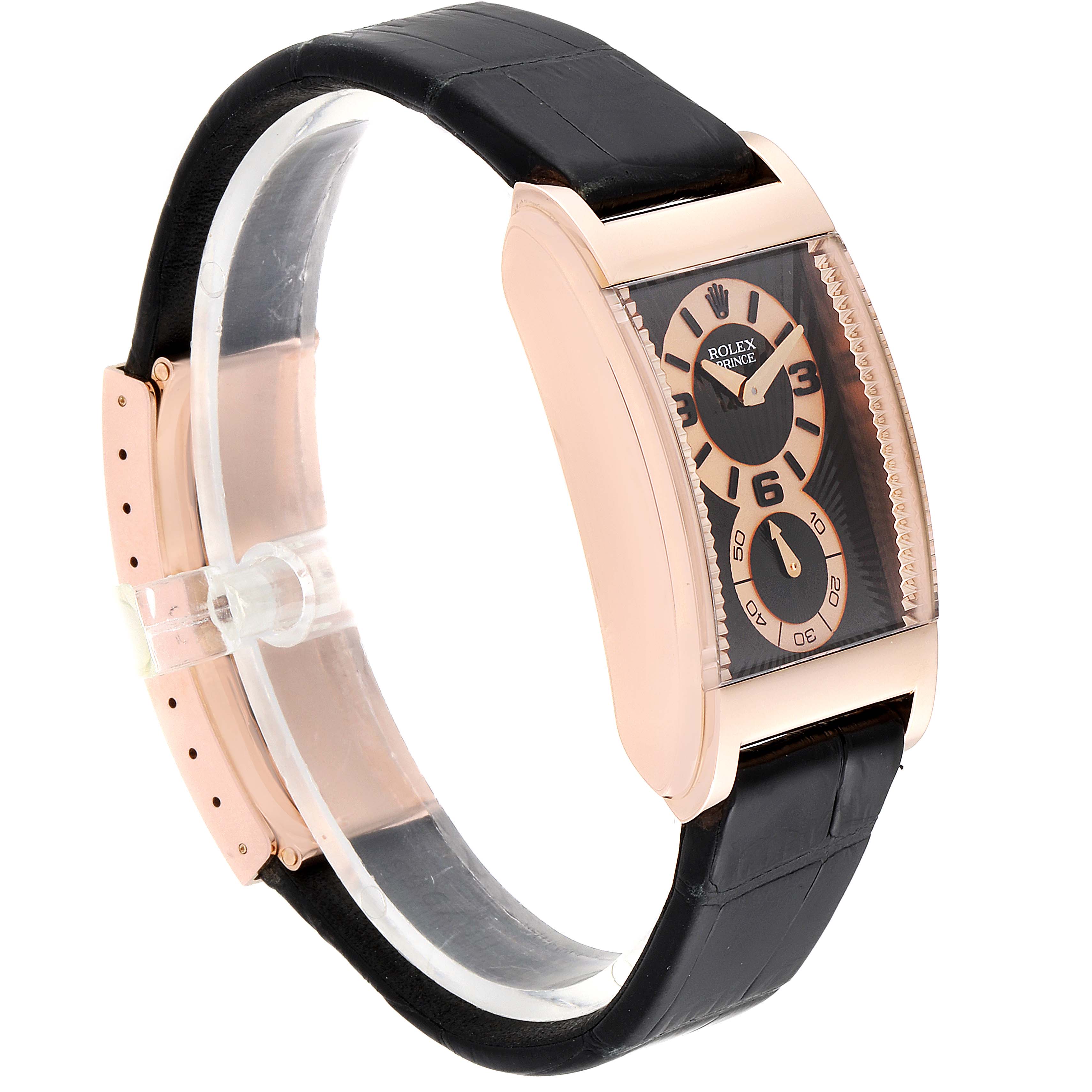 The image shows a side view of a Rolex Cellini 5442 Men
s Rose Gold Black Dial 5442 Men
s Rose Gold Black Dial watch, highlighting the dial, strap, and side of the case.