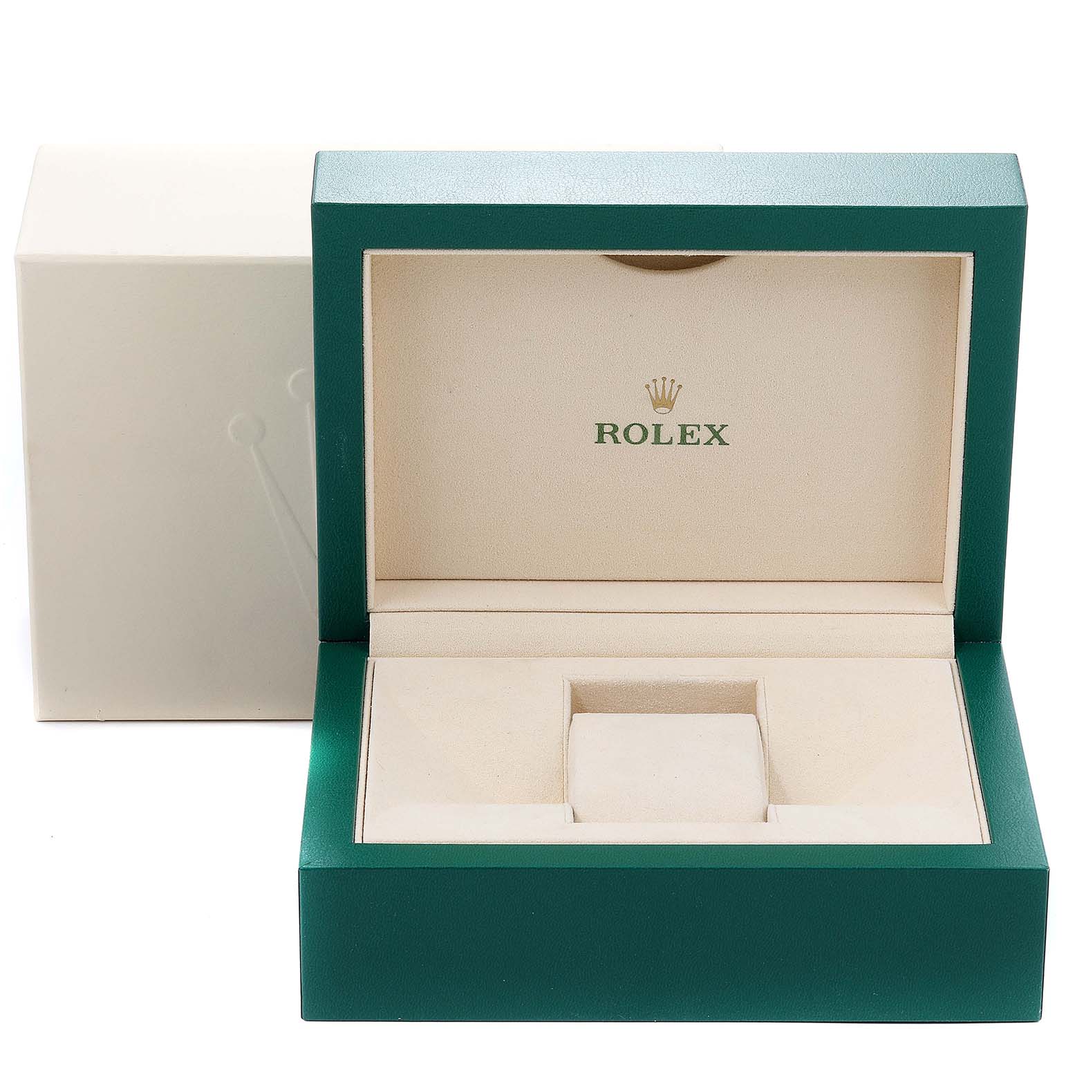 The image shows an open green and cream box for the Rolex Cellini 5442 Men
s Rose Gold Black Dial 5442 Men
s Rose Gold Black Dial model, displaying the brand logo on the interior lid.