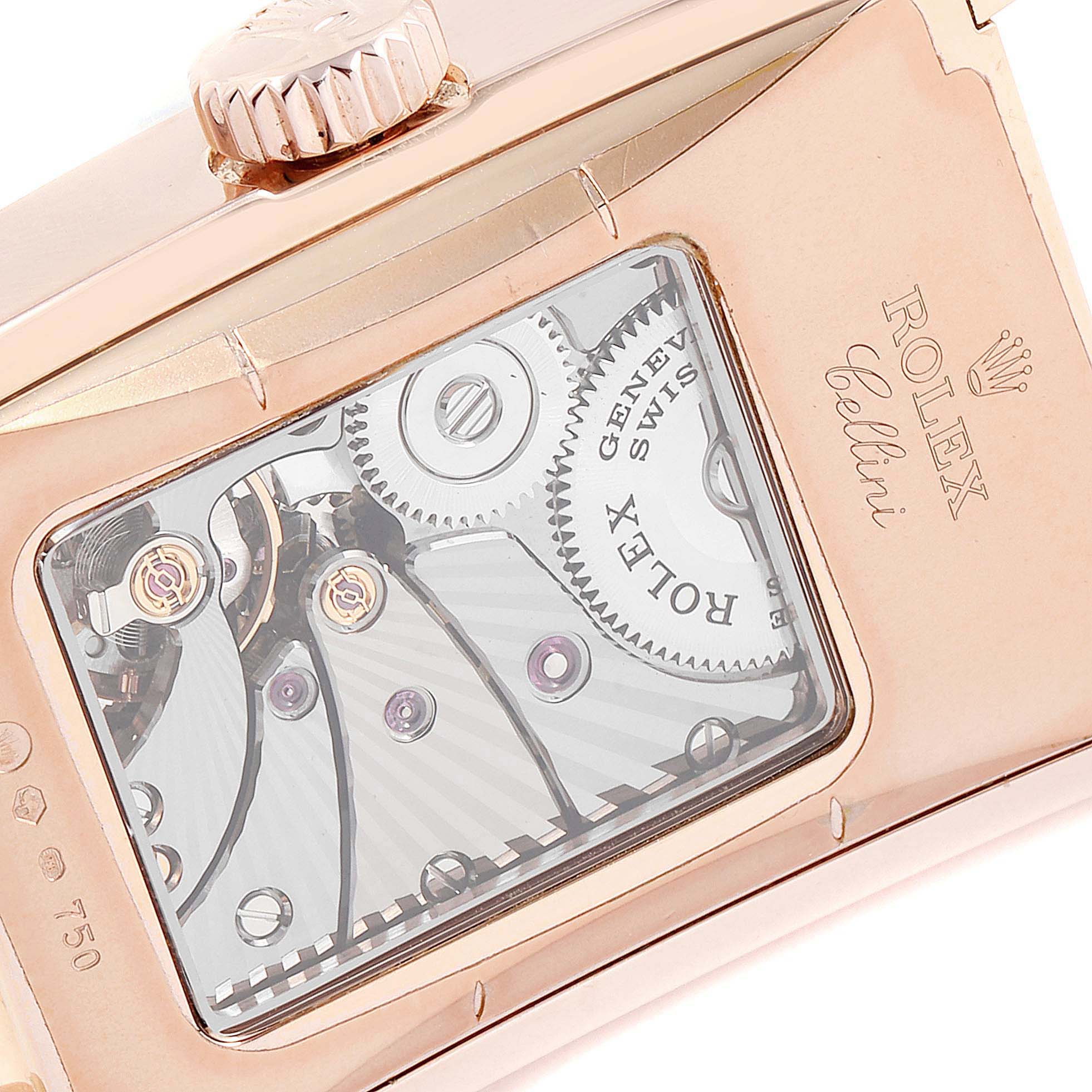 The image shows the back of a Rolex Cellini 5442 Men
s Rose Gold Black Dial 5442 Men
s Rose Gold Black Dial watch, highlighting its internal mechanical components and branding.