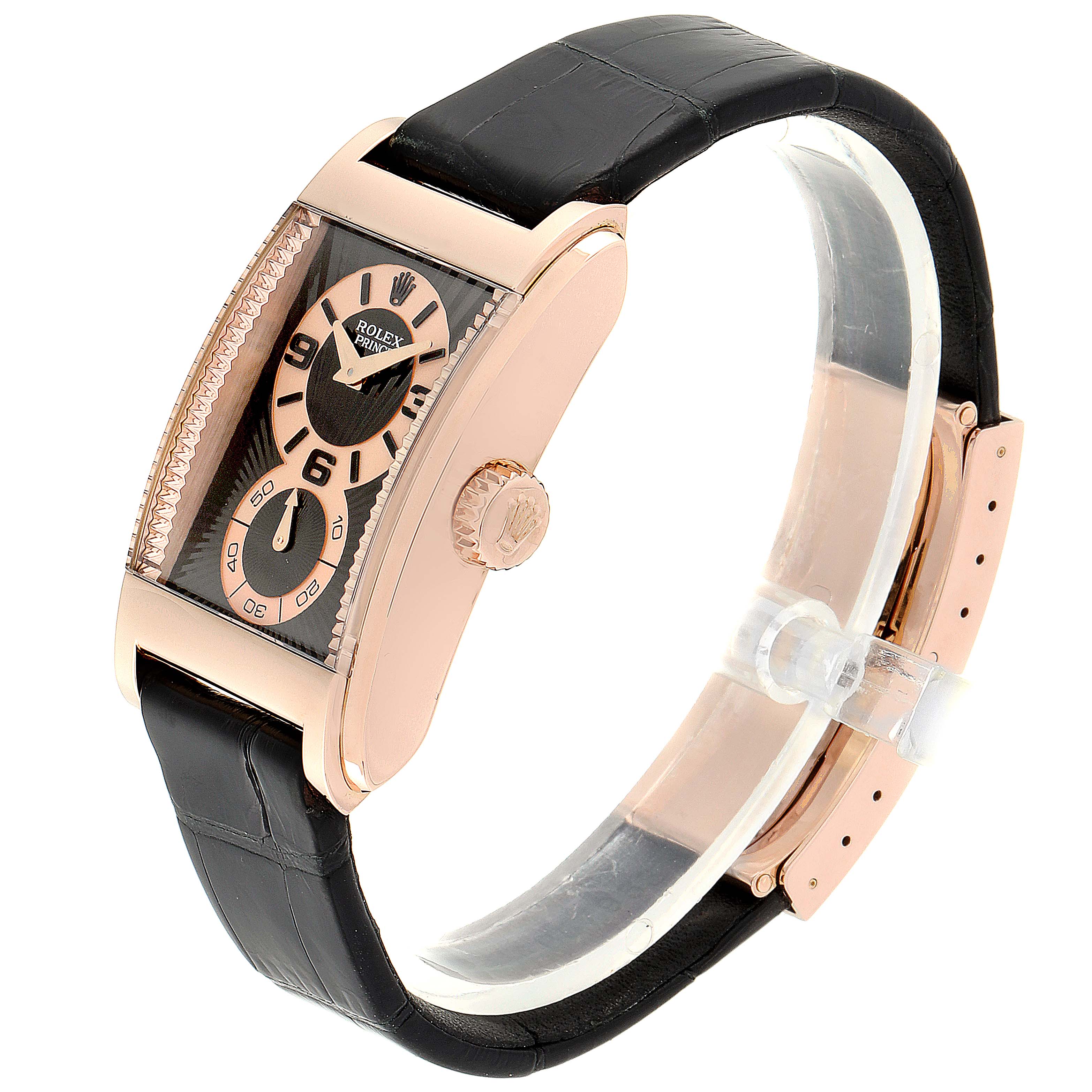 The Rolex Cellini 5442 Men
s Rose Gold Black Dial 5442 Men
s Rose Gold Black Dial watch is shown at a 3/4 angle, highlighting the face, crown, and black leather strap.