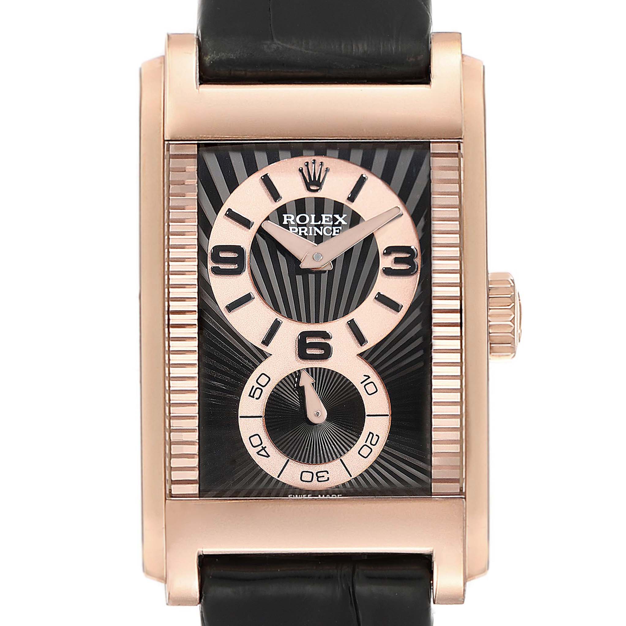 This image shows a frontal view of a Rolex Cellini 5442 Men
s Rose Gold Black Dial 5442 Men
s Rose Gold Black Dial Prince watch showcasing its rectangular dial, crown, and leather strap.