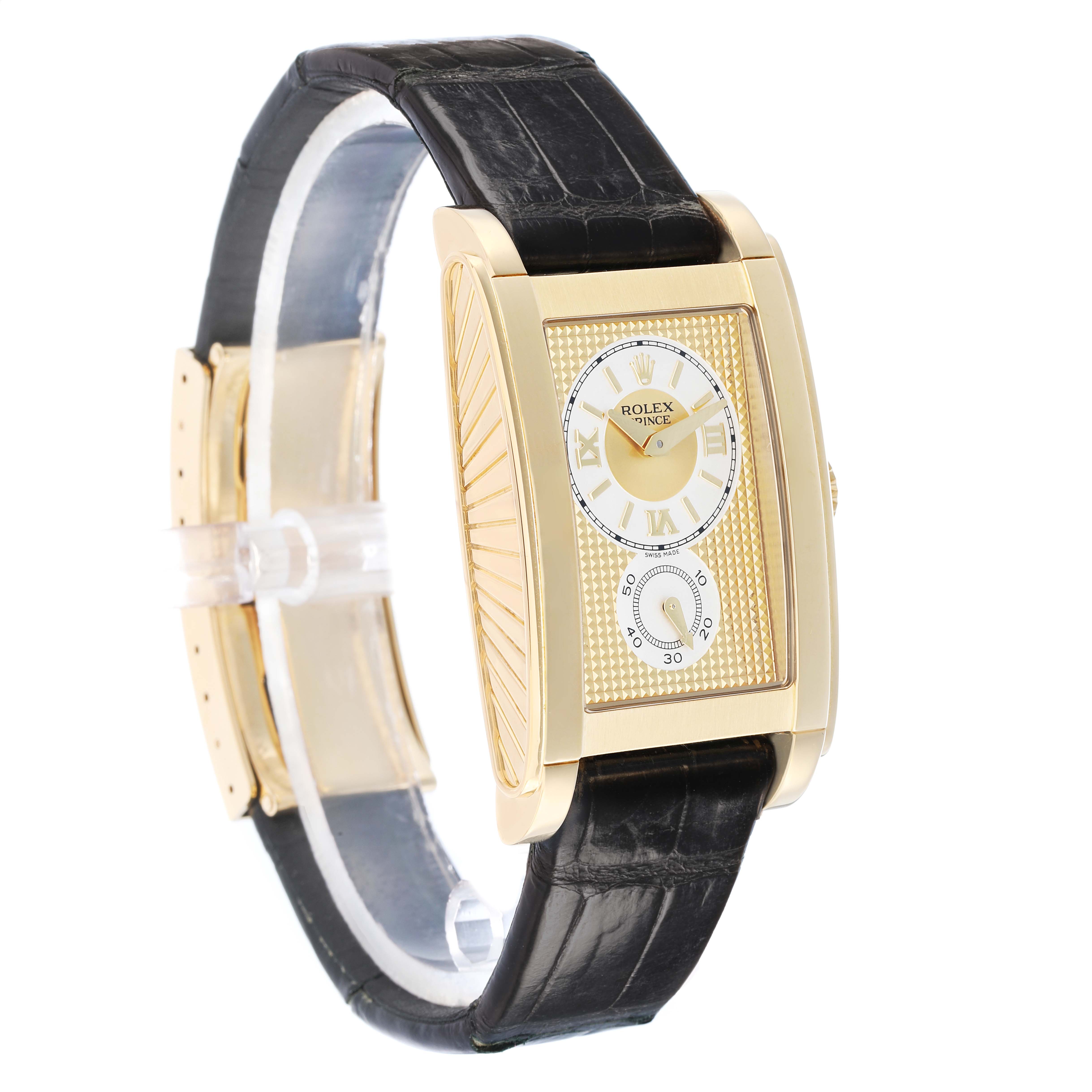 The Rolex Cellini 5440 Men
s Yellow Gold Champagne Dial watch is shown at a three-quarter angle, highlighting the gold rectangular case, dial, and black leather strap.