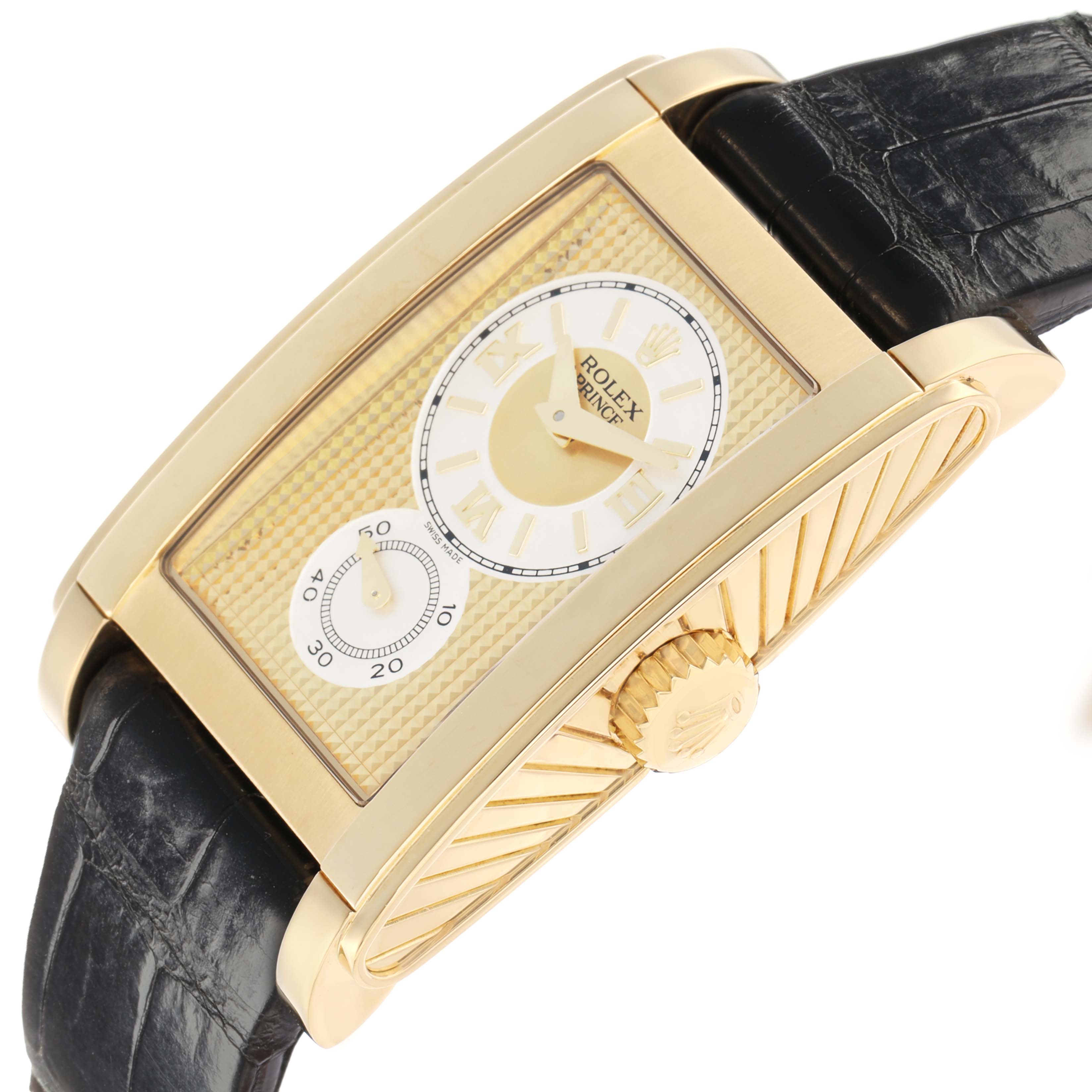 The Rolex Cellini 5440 Men
s Yellow Gold Champagne Dial watch is shown at an angle highlighting its rectangular gold case, textured dial, crown, and black leather strap.