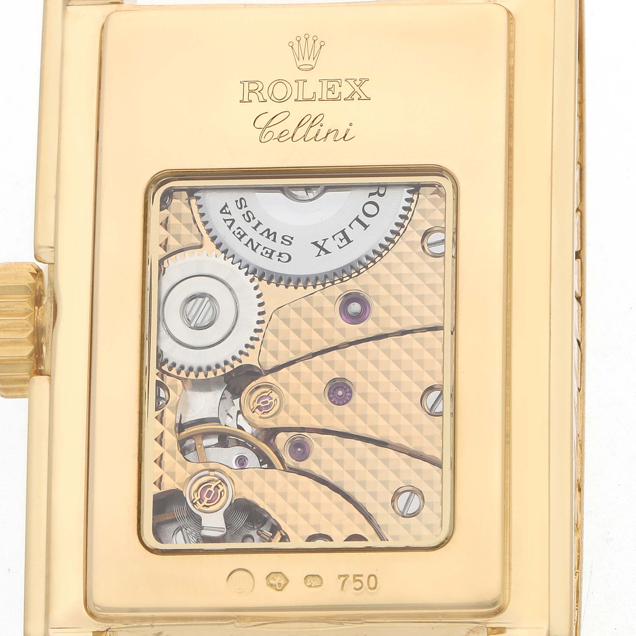 The image shows the back of a Rolex Cellini 5440 Men
s Yellow Gold Champagne Dial watch, displaying the intricate movement and gears through a transparent case back.
