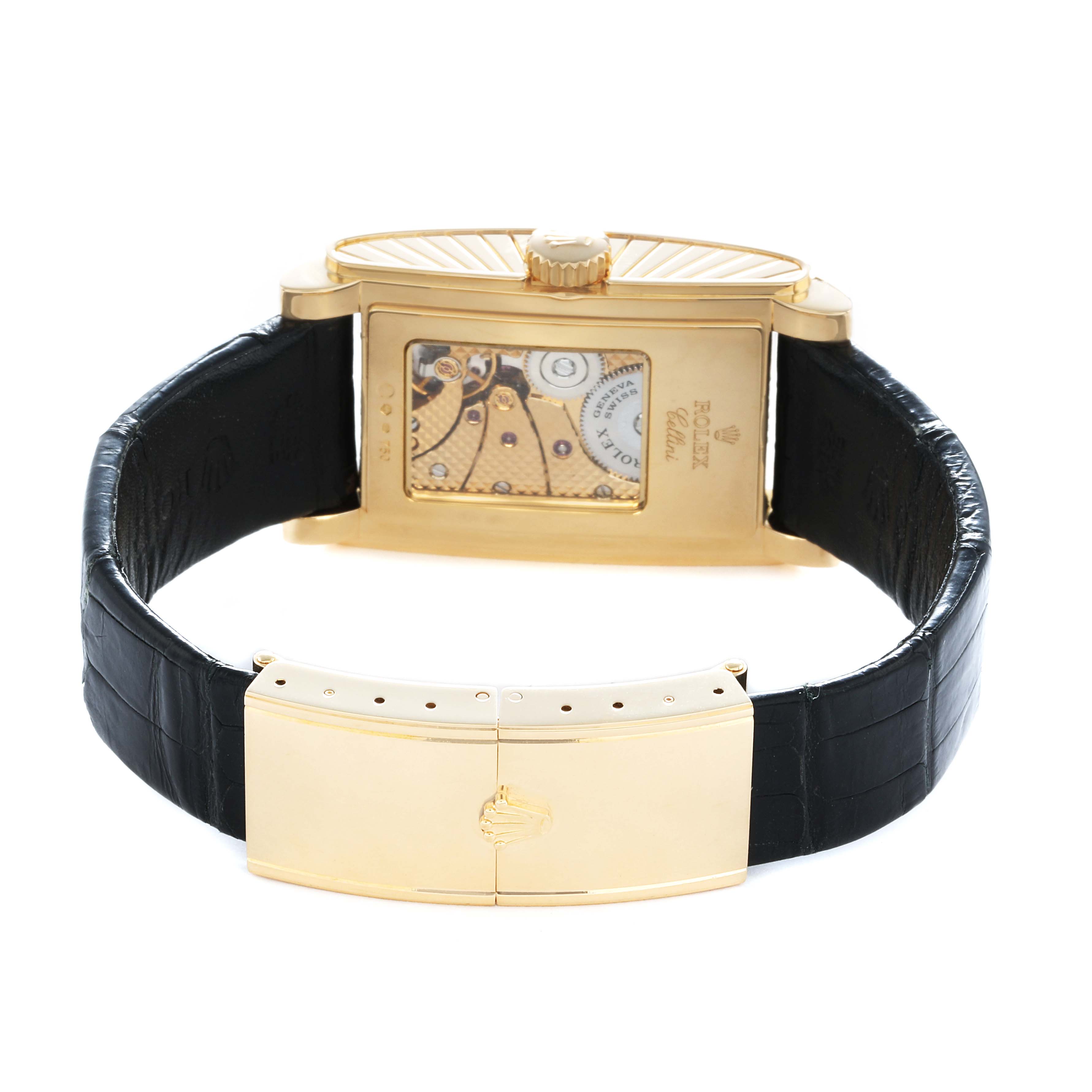 The Rolex Cellini 5440 Men
s Yellow Gold Champagne Dial watch is shown from the back, highlighting its open case back, crown, and black leather strap with a gold clasp.