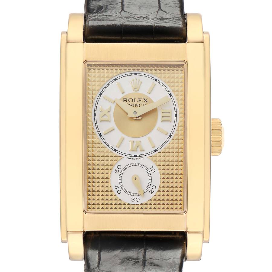 The Rolex Cellini 5440 Men's Yellow Gold Champagne Dial watch is shown from a front angle, highlighting its rectangular dial and crown.