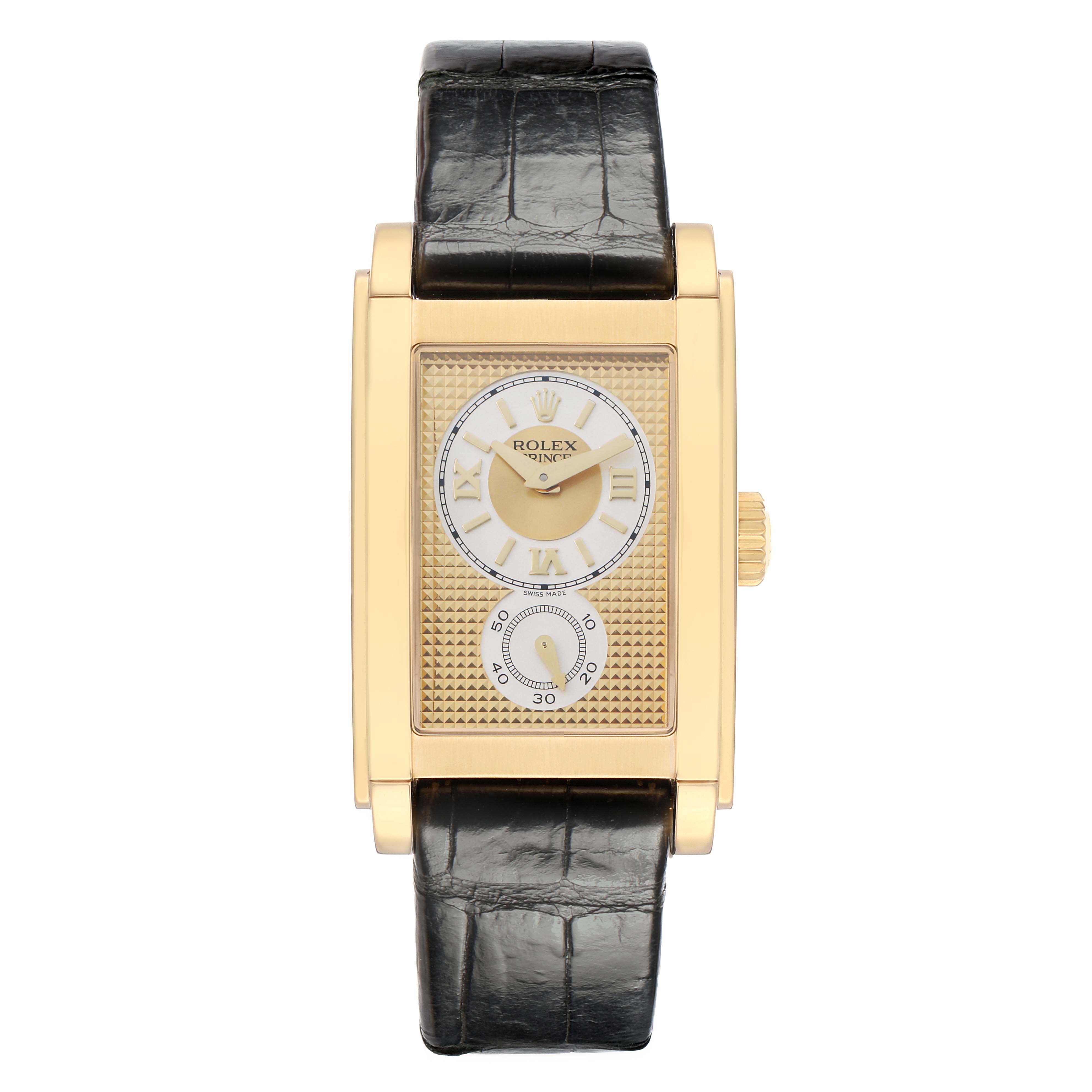 The Rolex Cellini 5440 Men
s Yellow Gold Champagne Dial watch is shown from a top view, displaying the rectangular face, gold case, textured dial, and black leather strap.