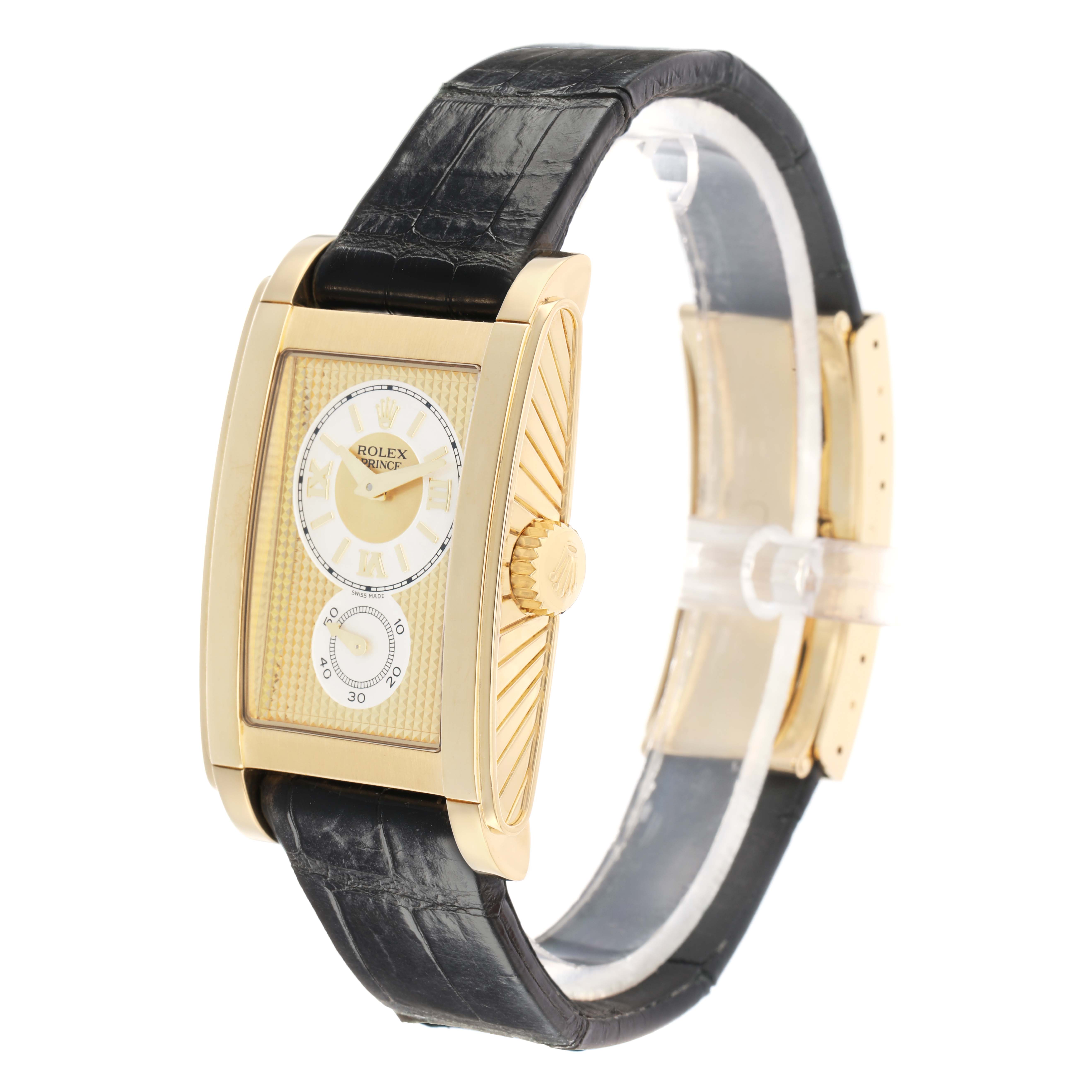 The Rolex Cellini 5440 Men
s Yellow Gold Champagne Dial watch is shown at an angled side view, displaying its gold case, crown, and black leather strap.