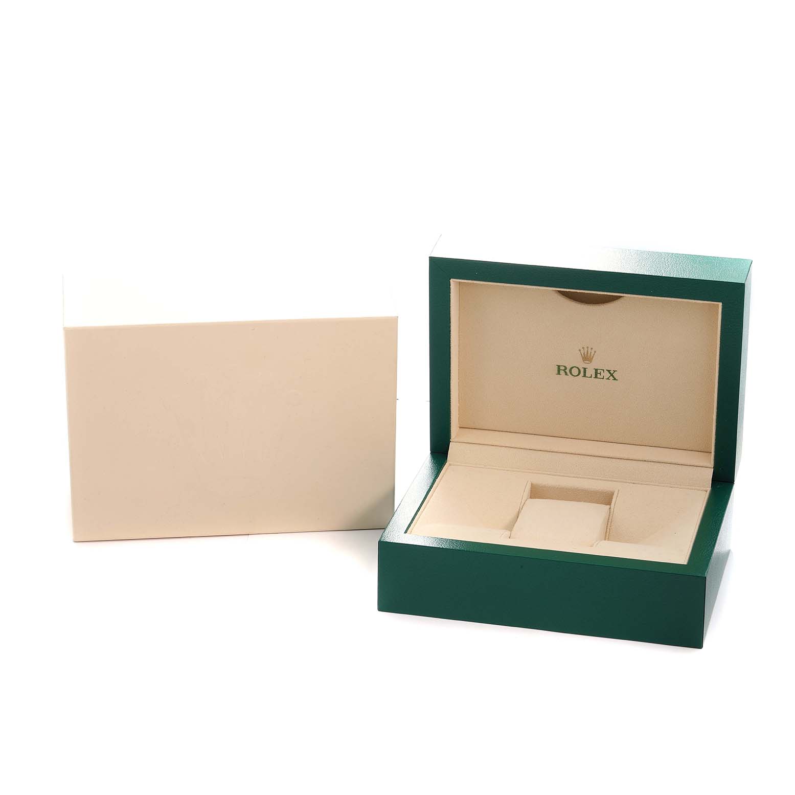 The image shows the open box for a Rolex Cellini 5440 Men
s Yellow Gold Champagne Dial watch at a three-quarter angle, along with its outer packaging.