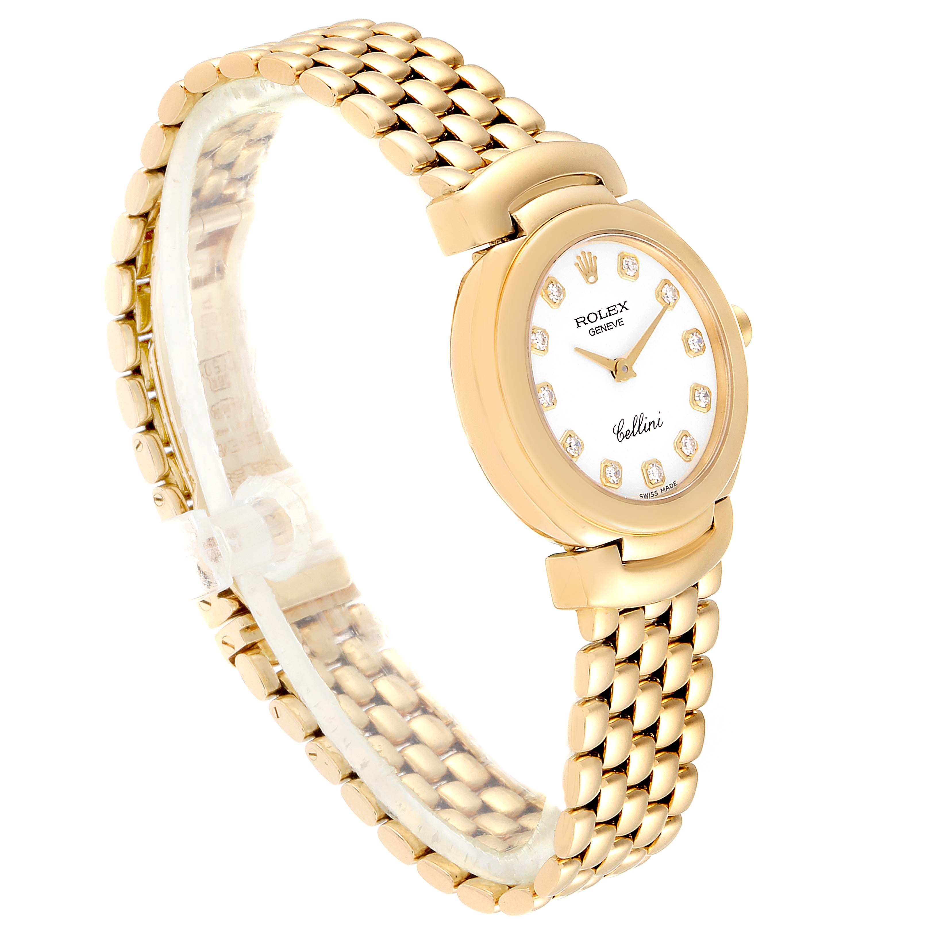 The image shows a gold Rolex Cellini 6621 Women's Yellow Gold White Dial 6621 Women's Yellow Gold White Dial watch at a three-quarter angle, displaying its face, bracelet, and part of the clasp.