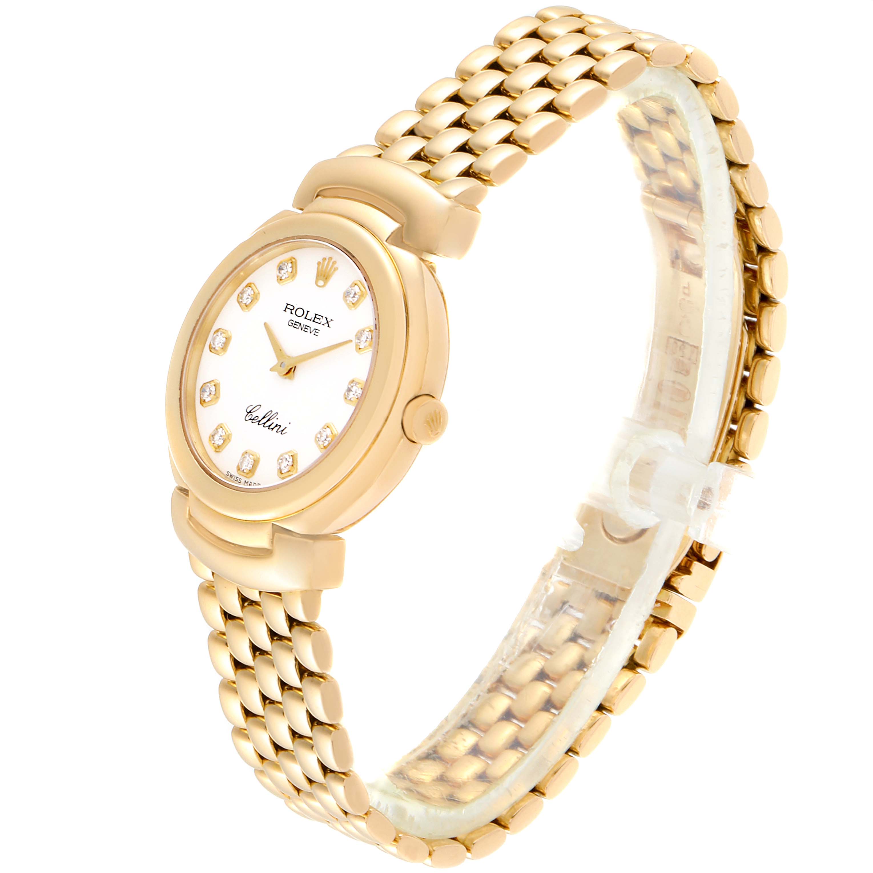 This is a side angle view of the Rolex Cellini 6621 Women's Yellow Gold White Dial 6621 Women's Yellow Gold White Dial watch, showcasing its gold bracelet and dial.