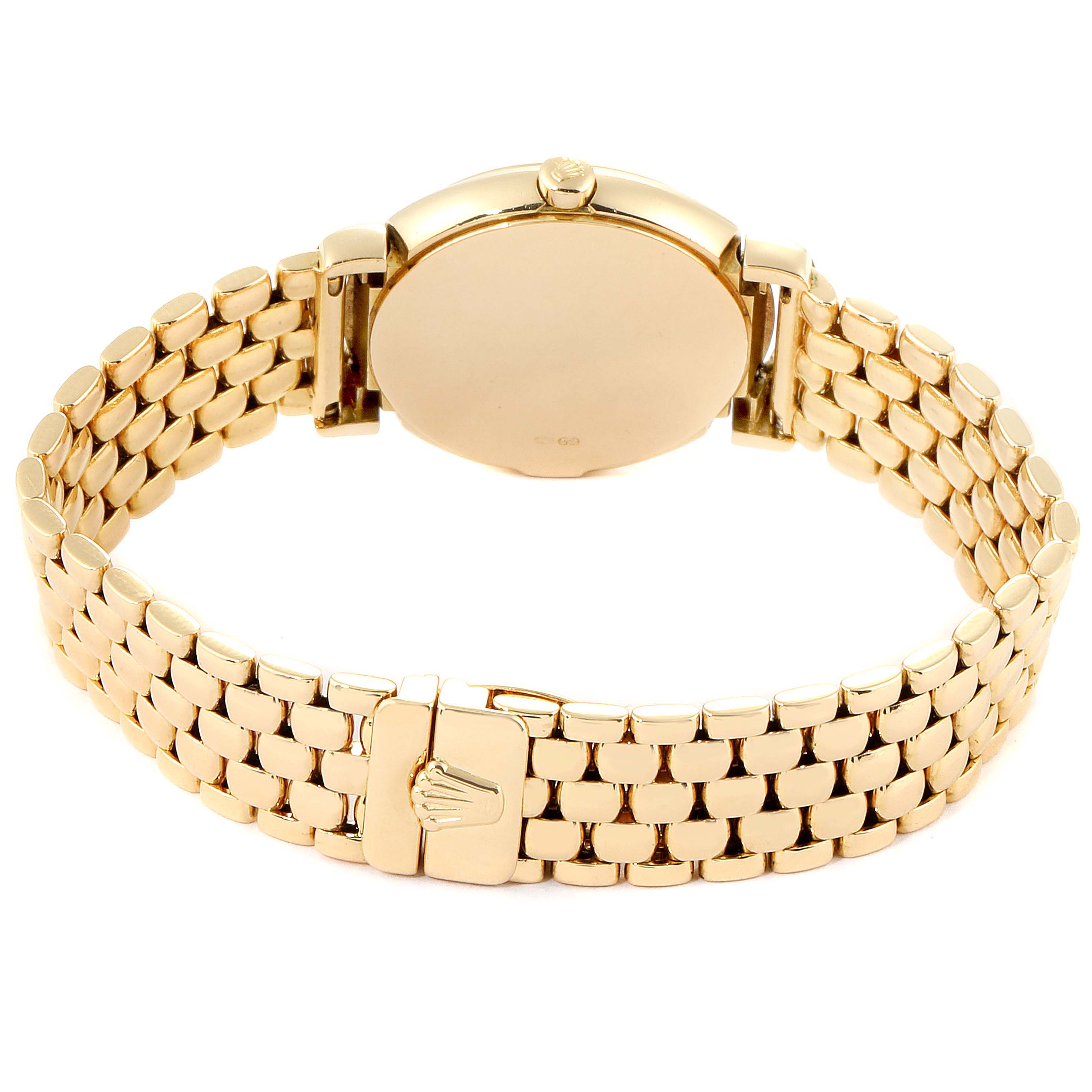 This image shows the back and bracelet of a Rolex Cellini 6621 Women's Yellow Gold White Dial 6621 Women's Yellow Gold White Dial watch in a gold finish.