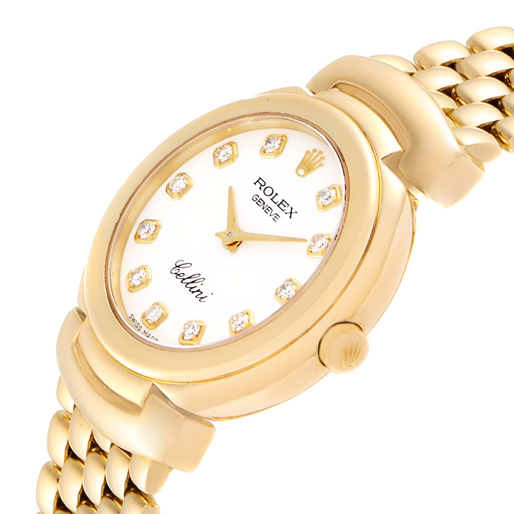This image shows a side angle of the Rolex Cellini 6621 Women's Yellow Gold White Dial 6621 Women's Yellow Gold White Dial watch, highlighting its gold case, dial, crown, and part of the bracelet.