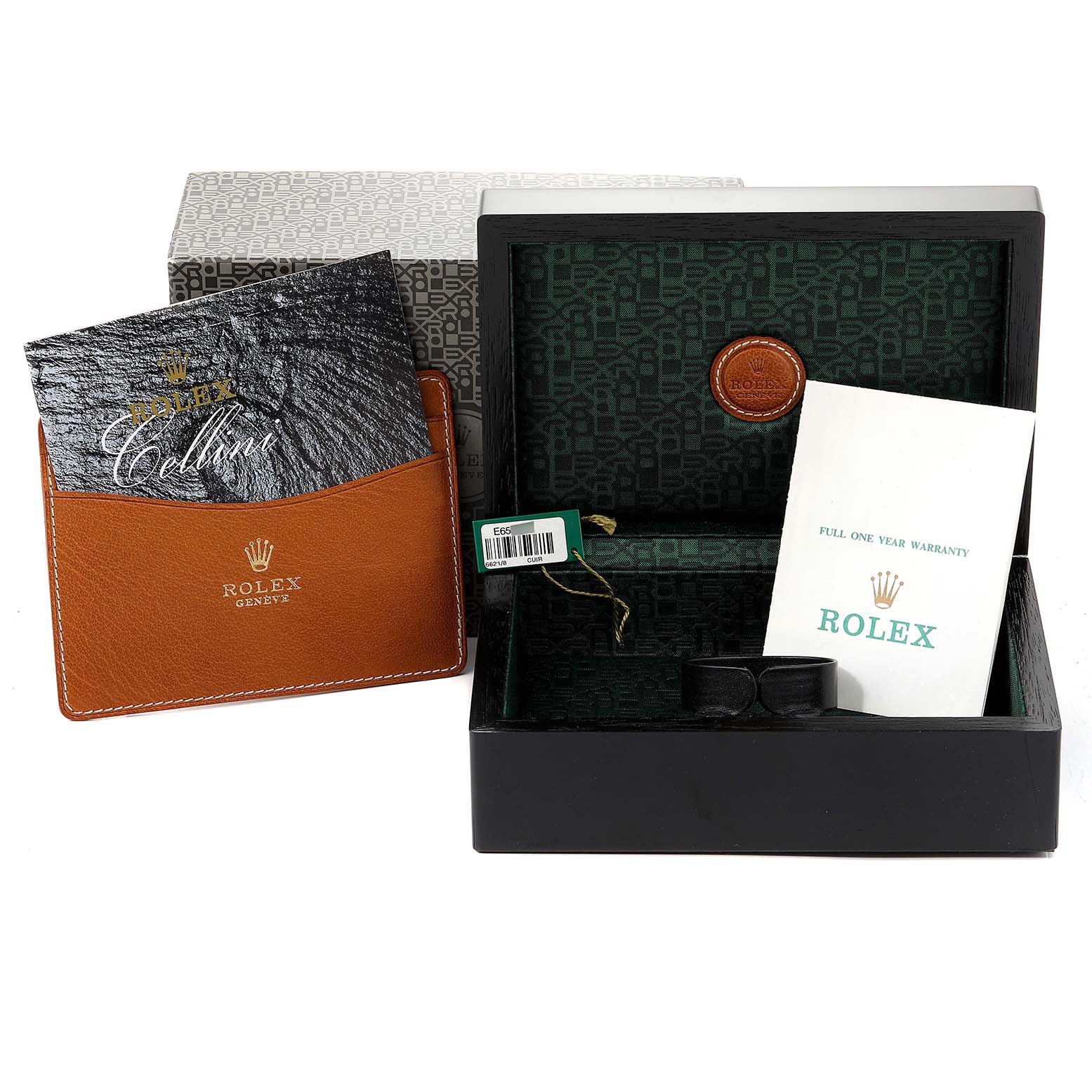 This image shows the packaging, warranty card, and protective leather cover for the Rolex Cellini 6621 Women's Yellow Gold White Dial 6621 Women's Yellow Gold White Dial watch.
