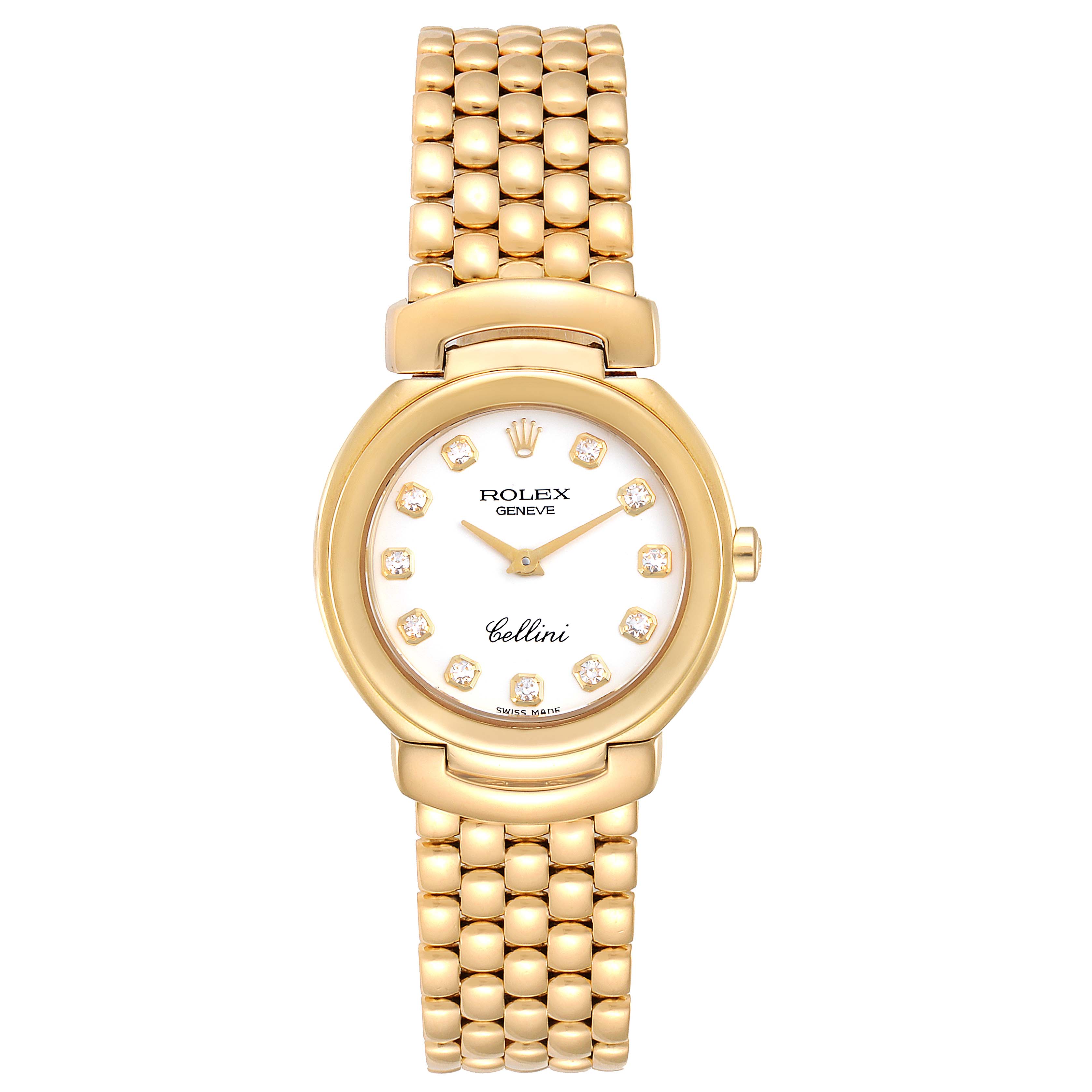 This image shows a front view of a Rolex Cellini 6621 Women's Yellow Gold White Dial 6621 Women's Yellow Gold White Dial watch with a gold bracelet and diamond hour markers.