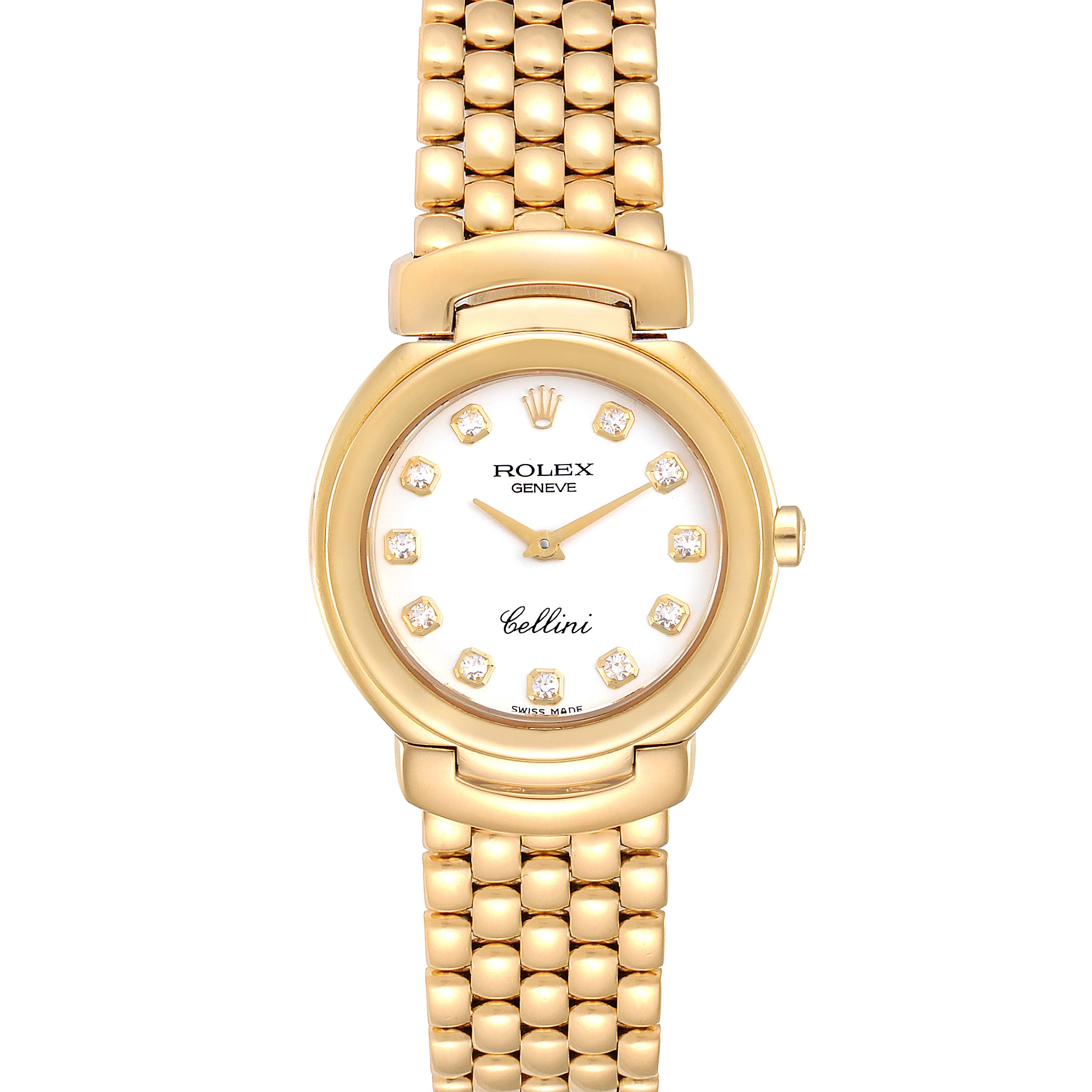 The image shows a front view of a Rolex Cellini 6621 Women's Yellow Gold White Dial 6621 Women's Yellow Gold White Dial watch with a gold case, bracelet, and diamond hour markers.