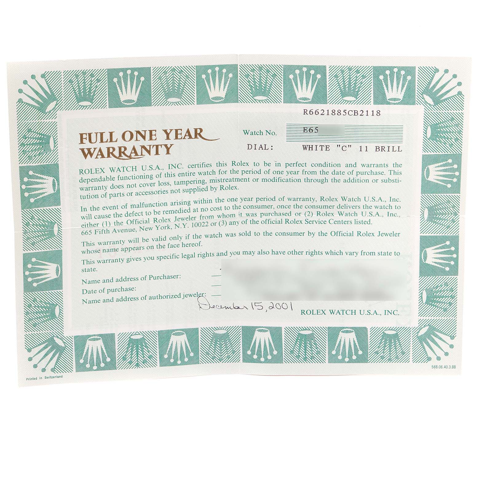 This image shows the warranty card for the Rolex Cellini 6621 Women's Yellow Gold White Dial 6621 Women's Yellow Gold White Dial model watch.