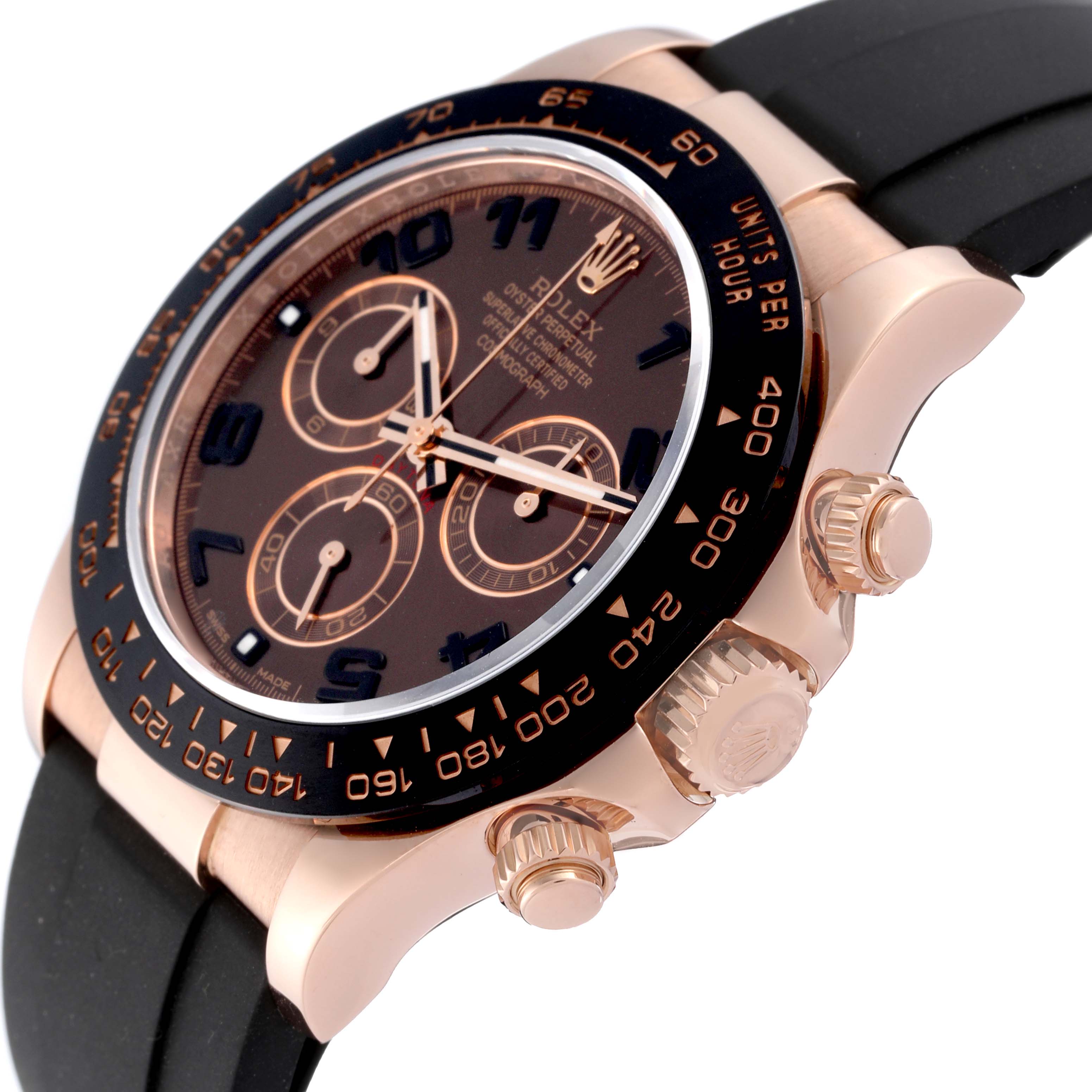 The image shows a close-up, angled view of the face and right side of a Rolex Daytona 116515LN Men's Rose Gold Brown Dial 116515LN Men's Rose Gold Brown Dial watch, highlighting its bezel, pushers, and crown.